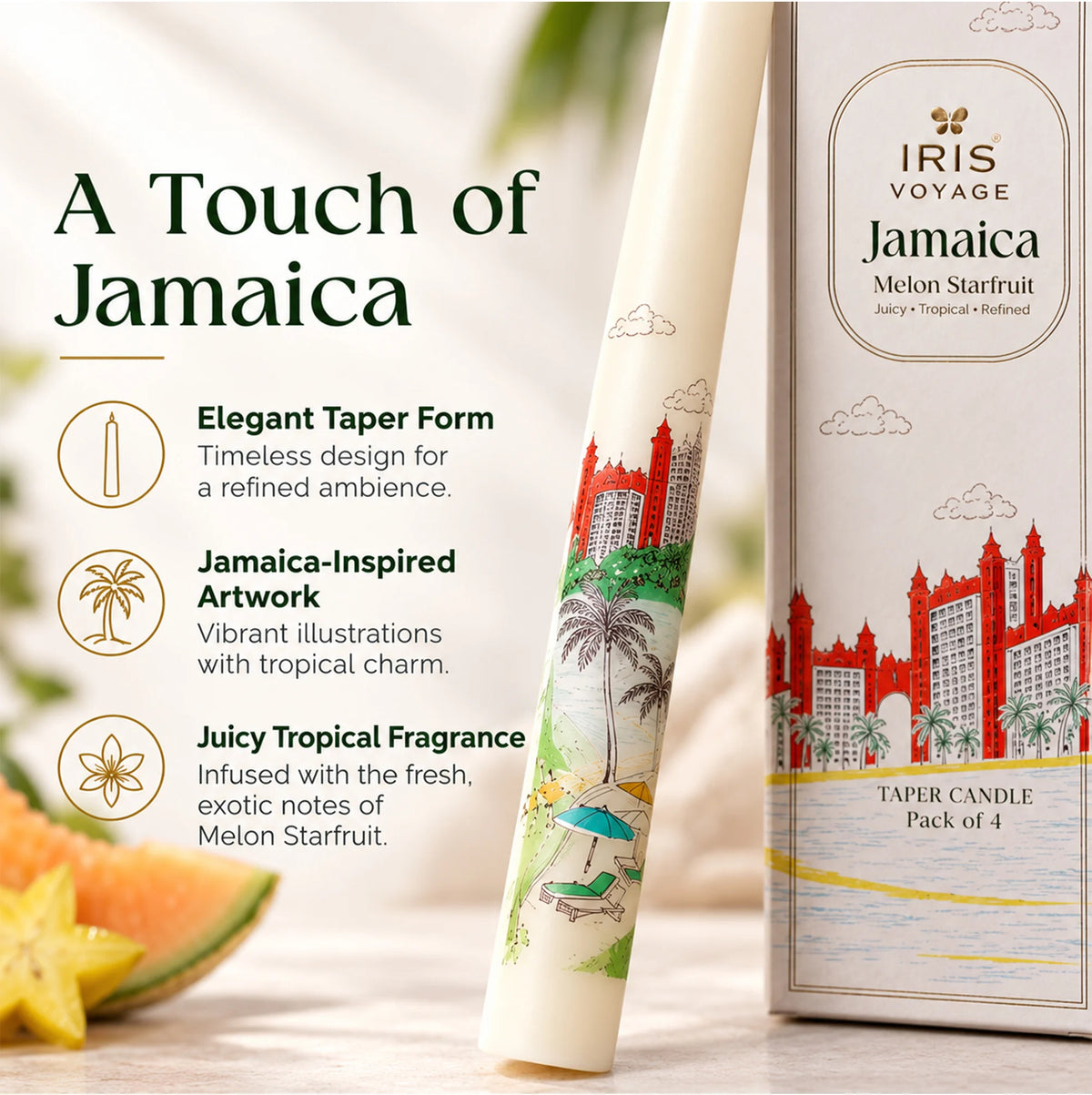 IRIS Voyage Jamaica | Melon Starfruit Scented Taper Candles Pack of 4 | 8 Hrs Burn Time