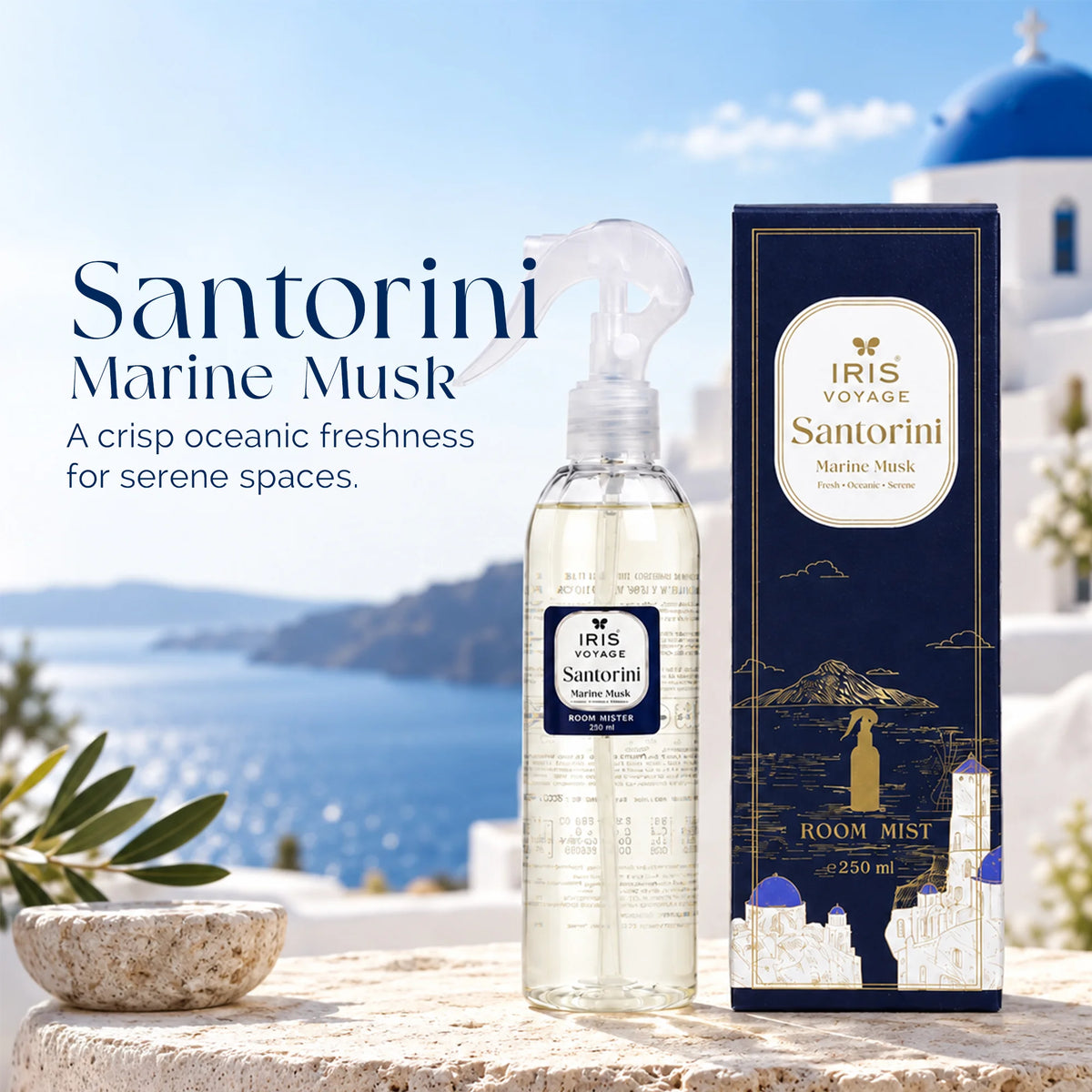 IRIS Voyage Santorini | Marine Musk Fragrance Room Mister 250 ml Upto 1200 Sprays