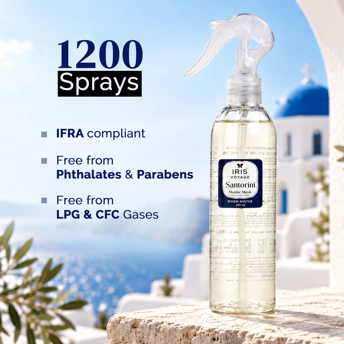 IRIS Voyage Santorini | Marine Musk Fragrance Room Mister 250 ml Upto 1200 Sprays
