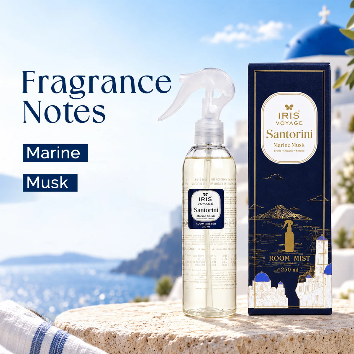 IRIS Voyage Santorini | Marine Musk Fragrance Room Mister 250 ml Upto 1200 Sprays