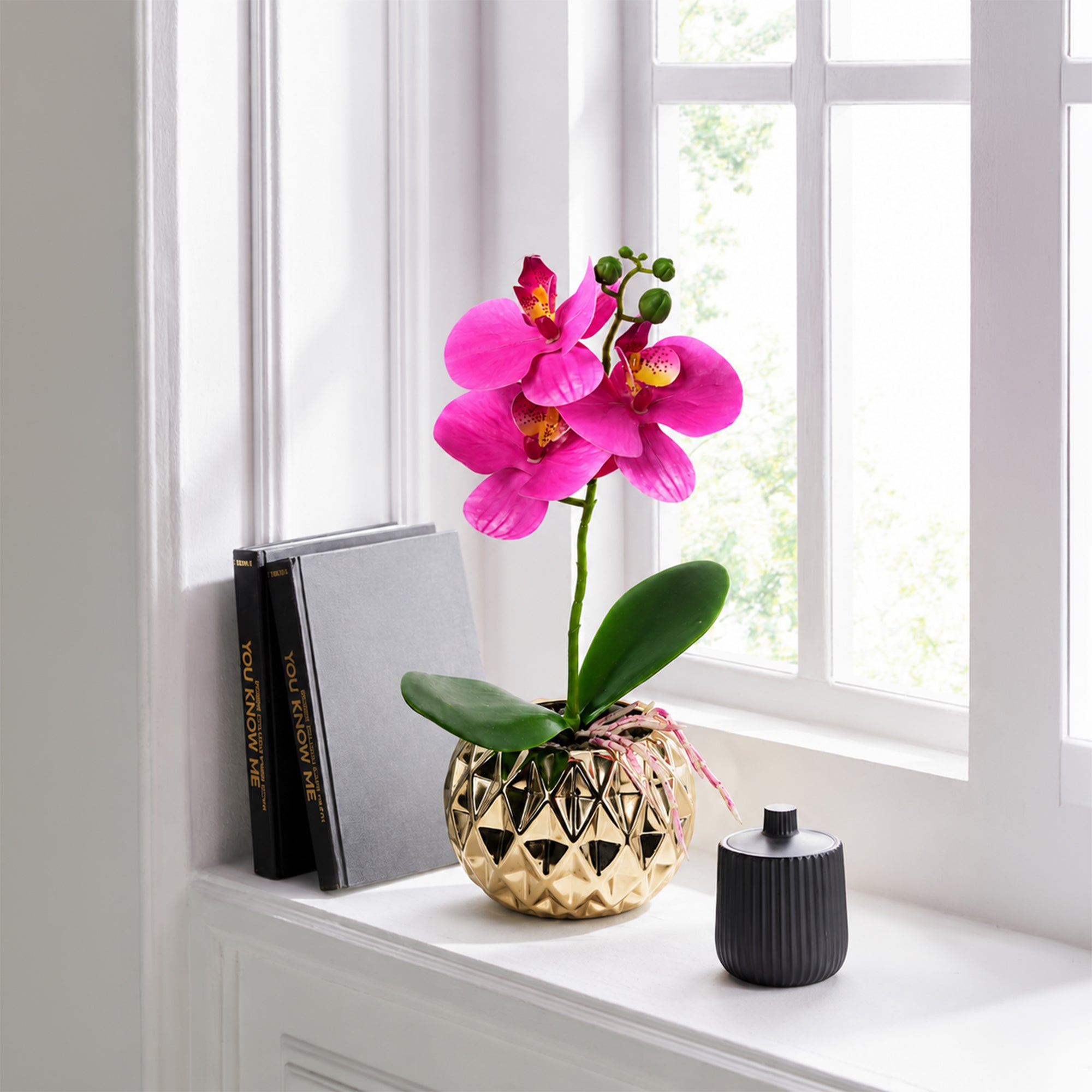 IRIS Pink Orchid Artificial Flower in Decor Gold Vase