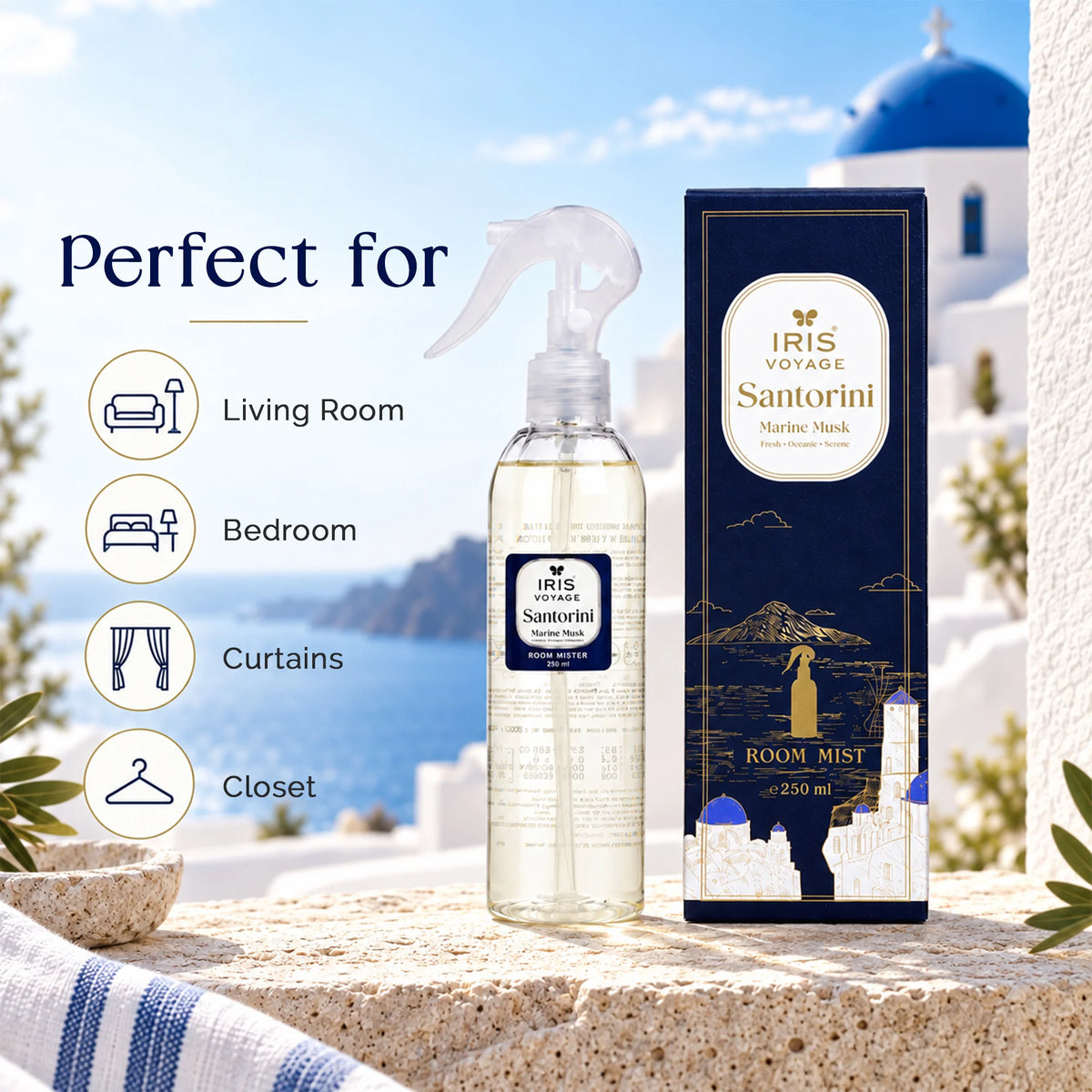 IRIS Voyage Santorini | Marine Musk Fragrance Room Mister 250 ml Upto 1200 Sprays