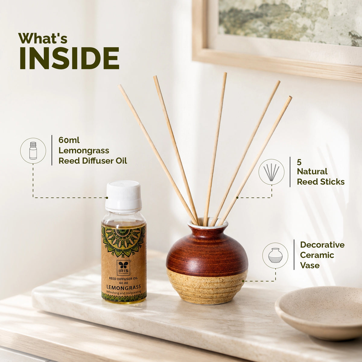 Lemongrass Ceramic Aroma Reed Diffuser Set | Ethnic Packaging | 60ml