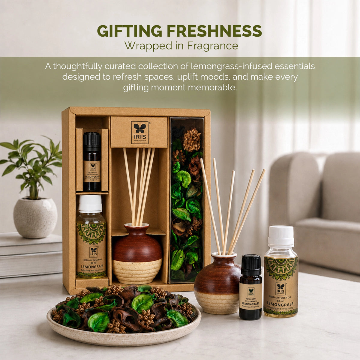 Lemongrass Fragrance Gift Set With Reed Diffuser & Potpourri for Home Decor