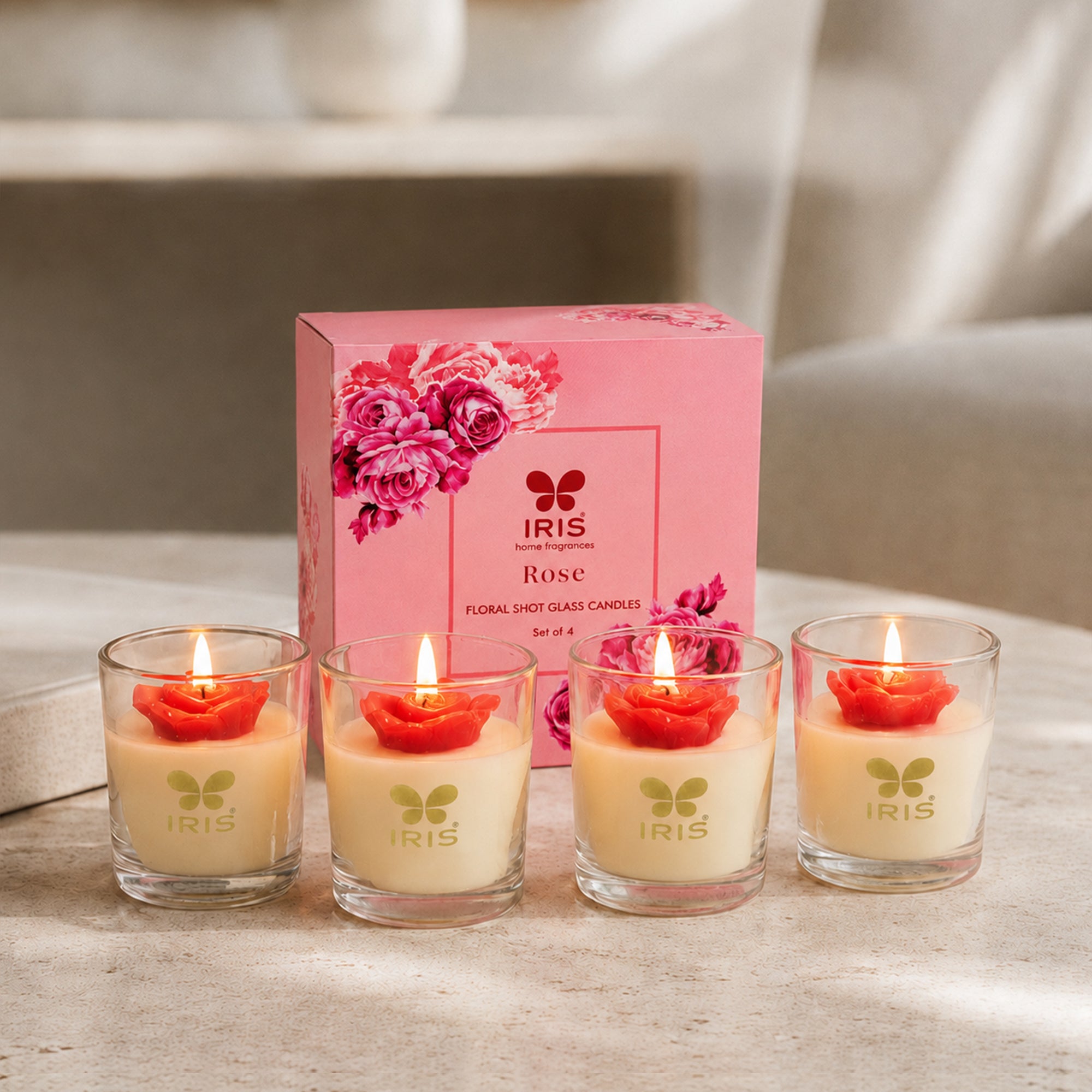 IRIS Floral Shot Glass Scented Candles – Set of 4 | Rose