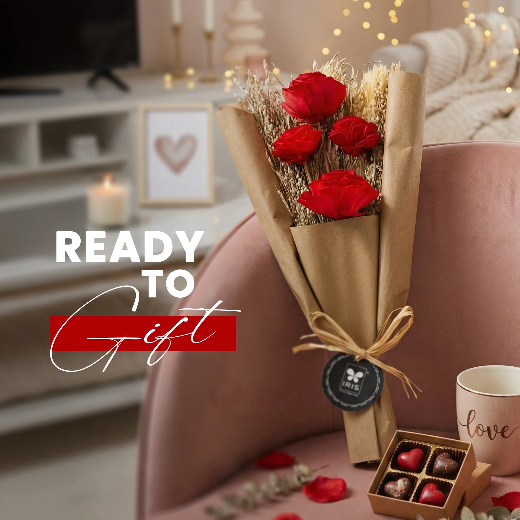 IRIS Everlasting Red Roses Scented Dry Flower Bouquet with 5ml Fragrance Spray