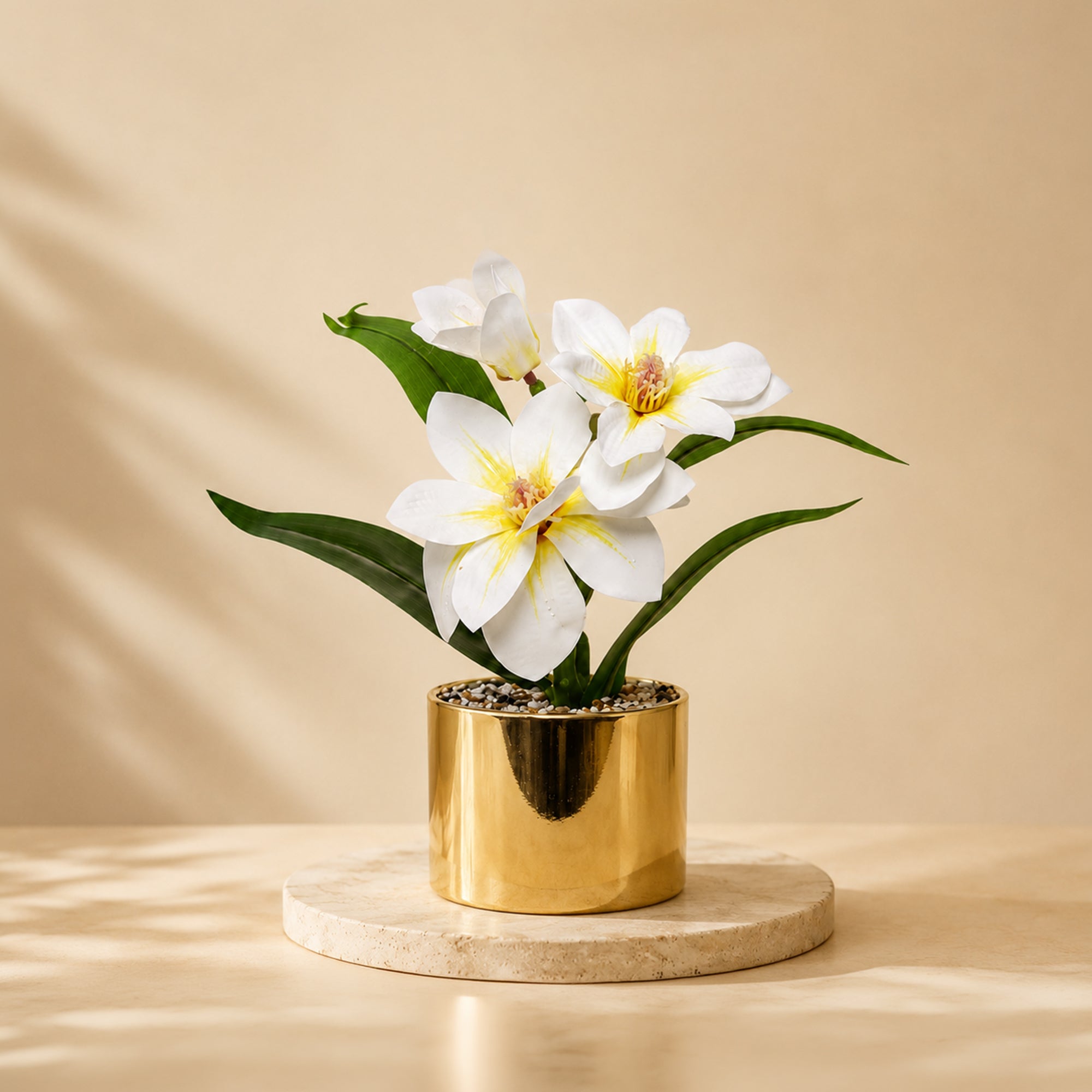 IRIS White Lily Flower Artificial Flower in Gold Decor Pot