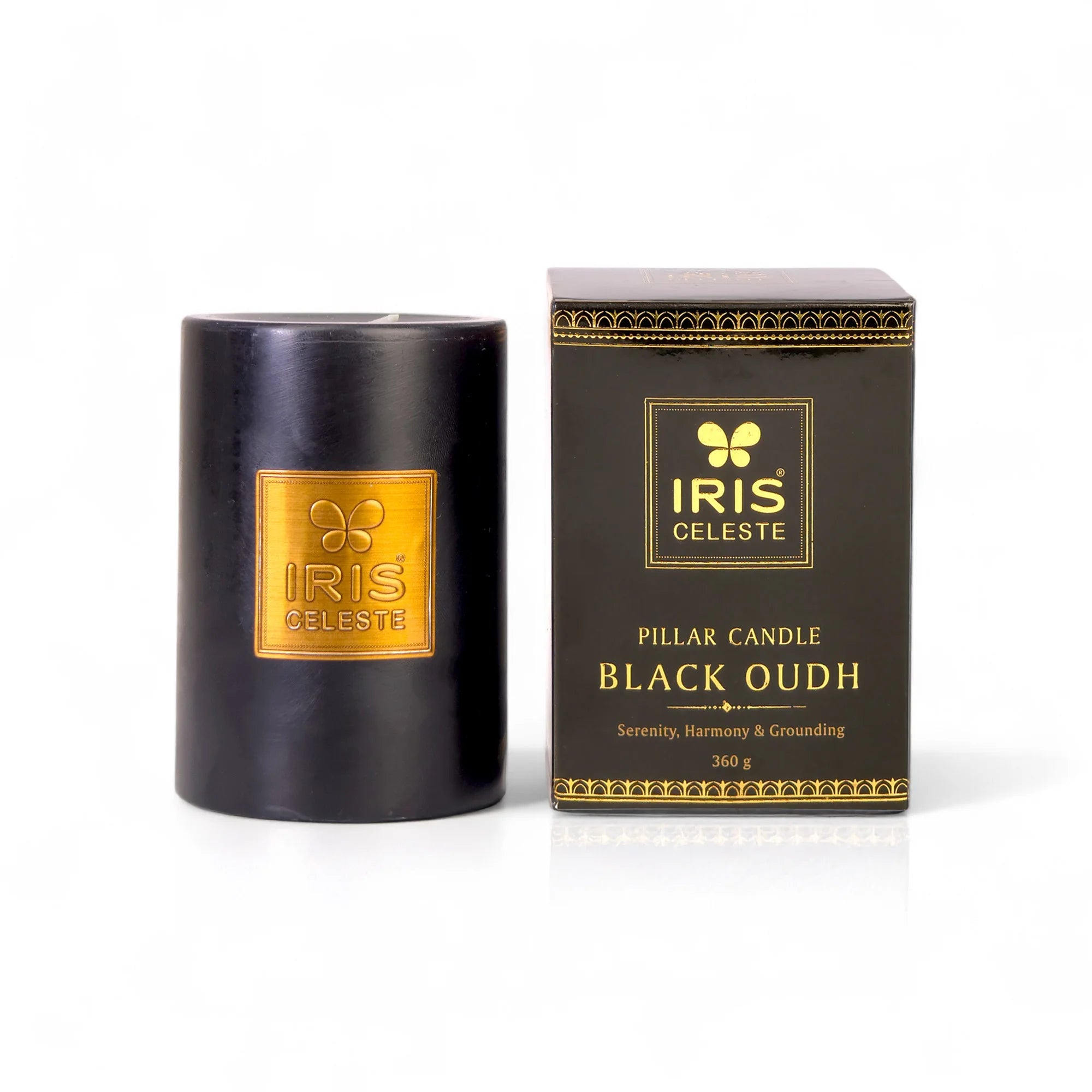 IRIS Celeste Black Oudh Scented Premium Pillar Candle | Small