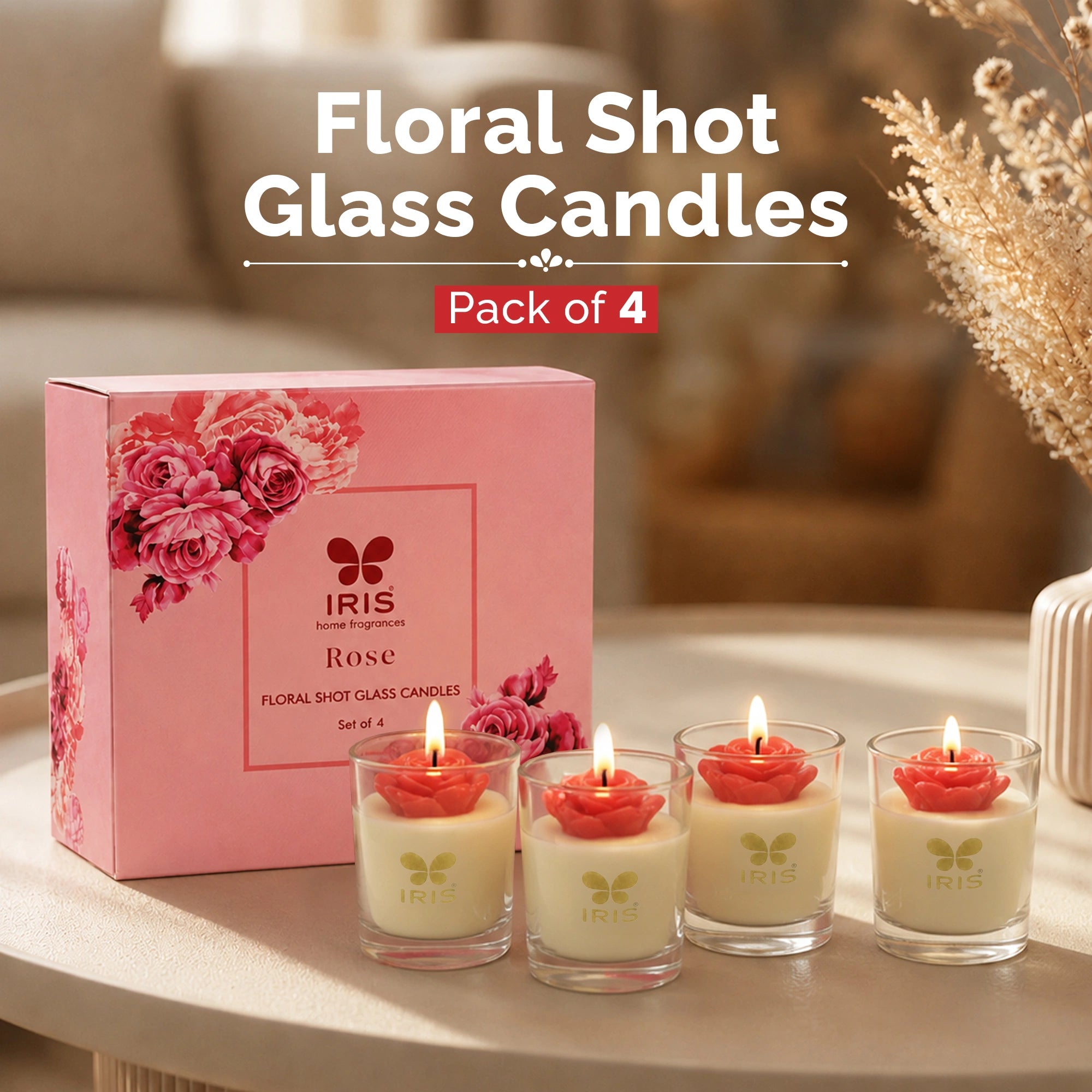 Floral Shot Glass Scented Candle Set |Timelss Rose Fragrance | Pack of 4