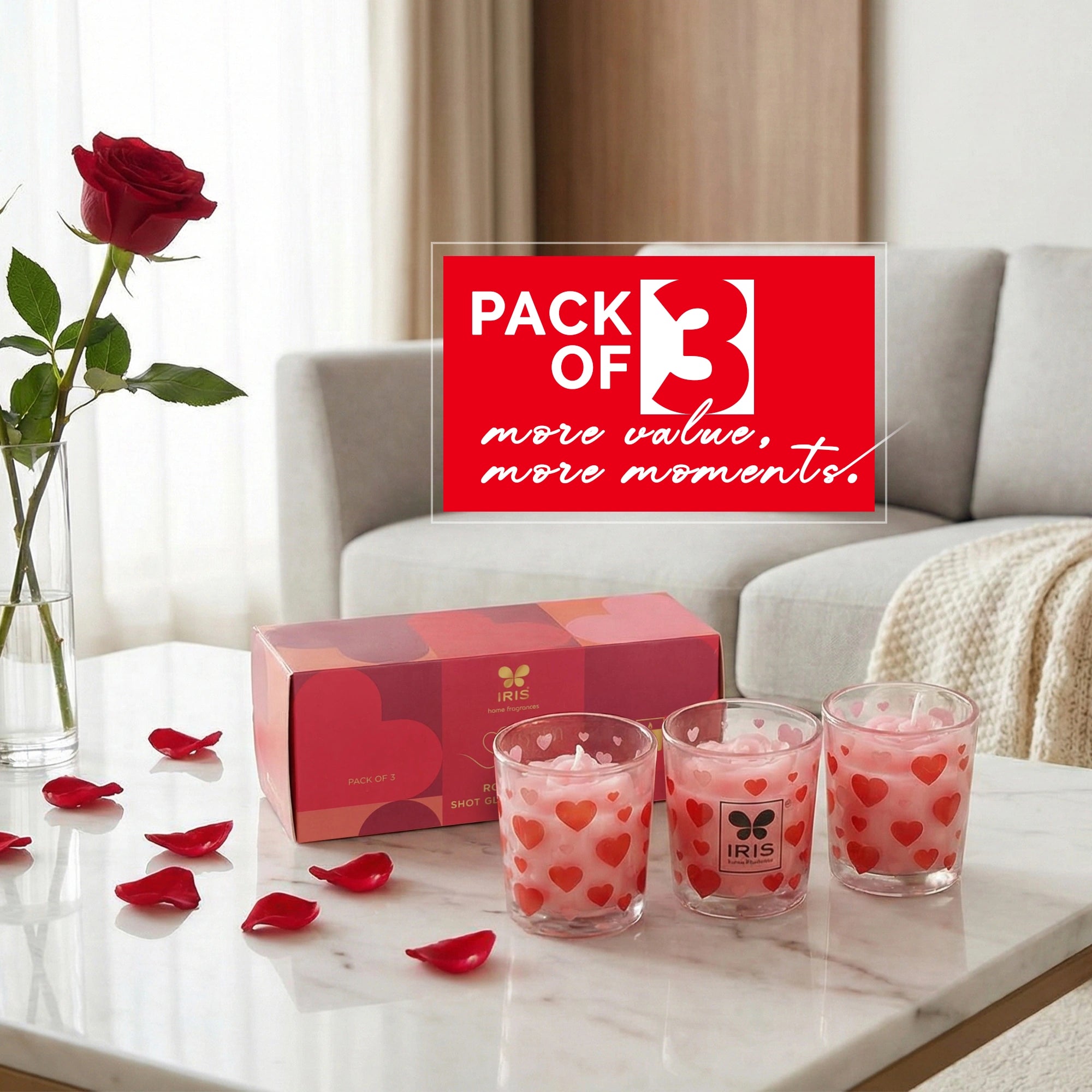 IRIS Blooming Hearts Shot Glass Candles | Burns 8 Hours Each| Pack of 3