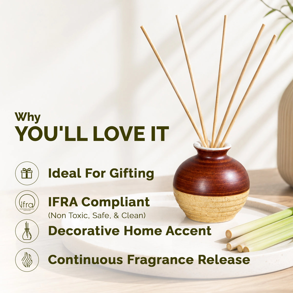 Lemongrass Ceramic Aroma Reed Diffuser Set | Ethnic Packaging | 60ml