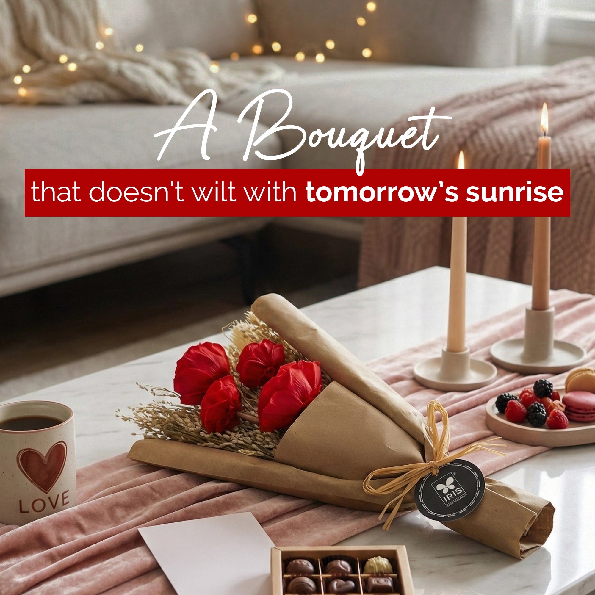 IRIS Everlasting Red Roses Scented Dry Flower Bouquet with 5ml Fragrance Spray