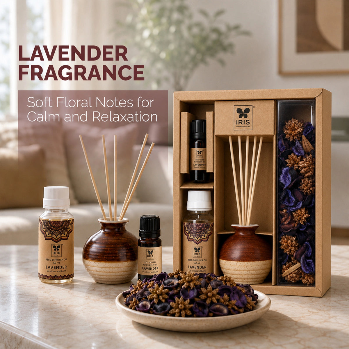 Lavender Fragrance Gift Set With Reed Diffuser & Potpourri for Home Decor & Gifting