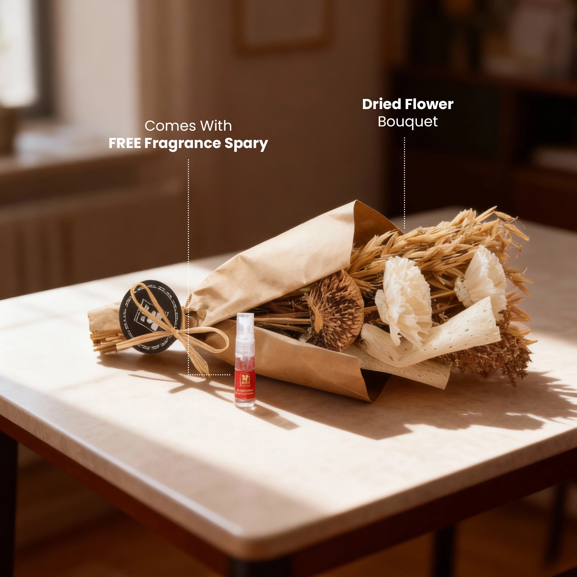 IRIS Ivory Meadow Blooms Scented Dry Flower Bouquet with 5ml Fragrance Spray