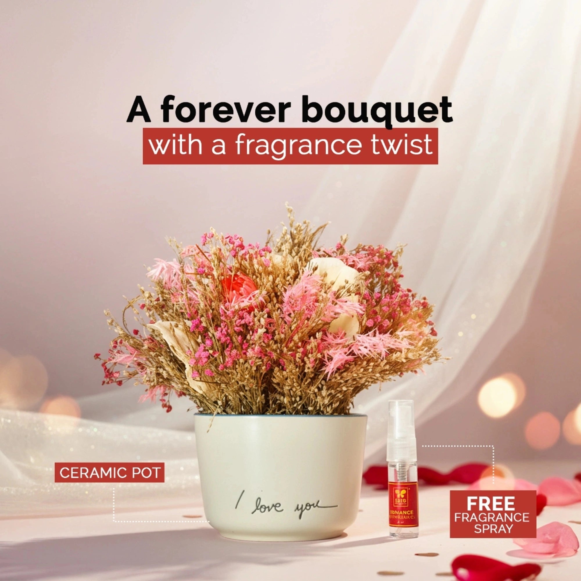 IRIS Blush Blossom Ceramic Flower With Vase + 5ml Fragrance Spray