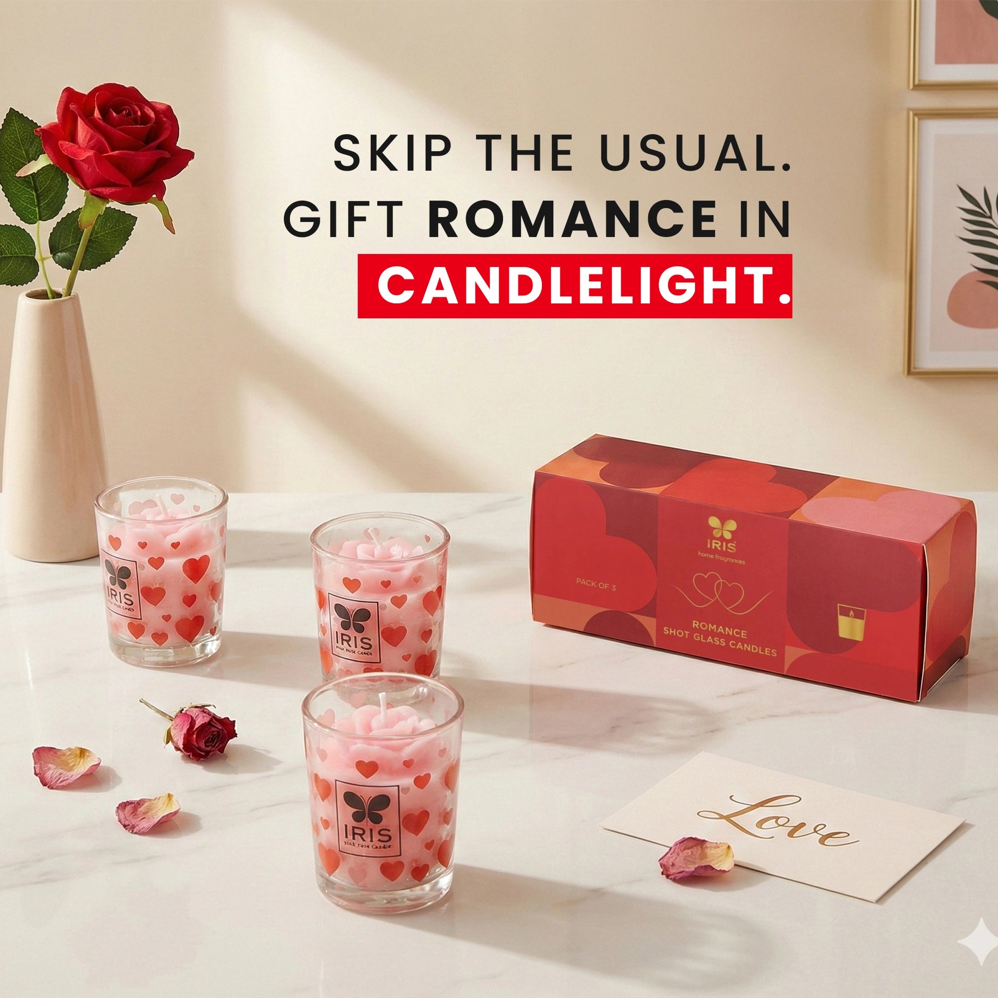 IRIS Blooming Hearts Shot Glass Candles | Burns 8 Hours Each| Pack of 3