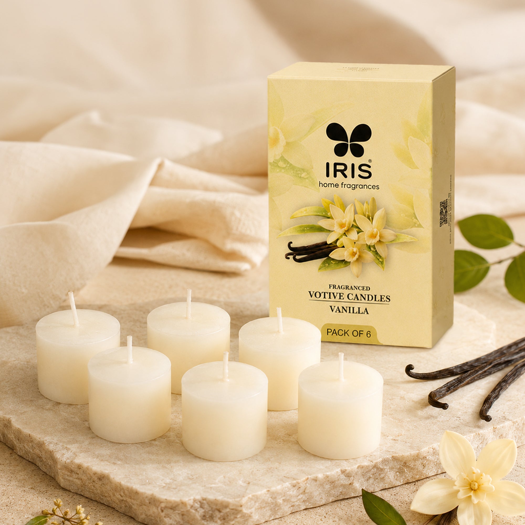 IRIS Vanilla Fragranced Votive Candle | White | Pack of 6
