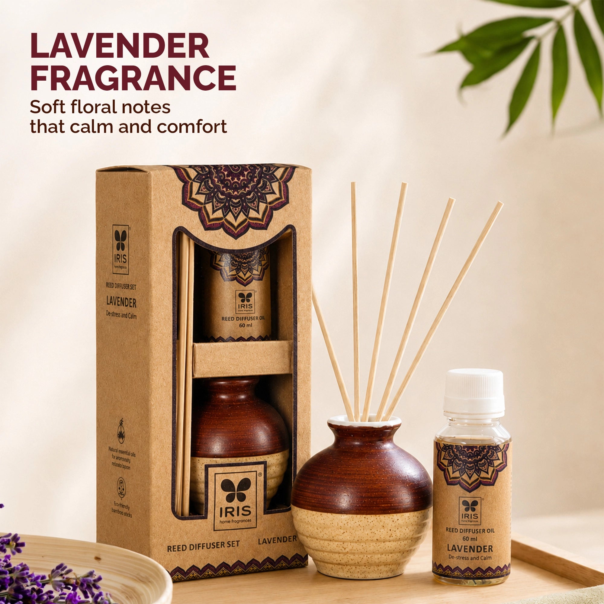 Lavender Ceramic Aroma Reed Diffuser Set | Ethnic Packaging | 60ml