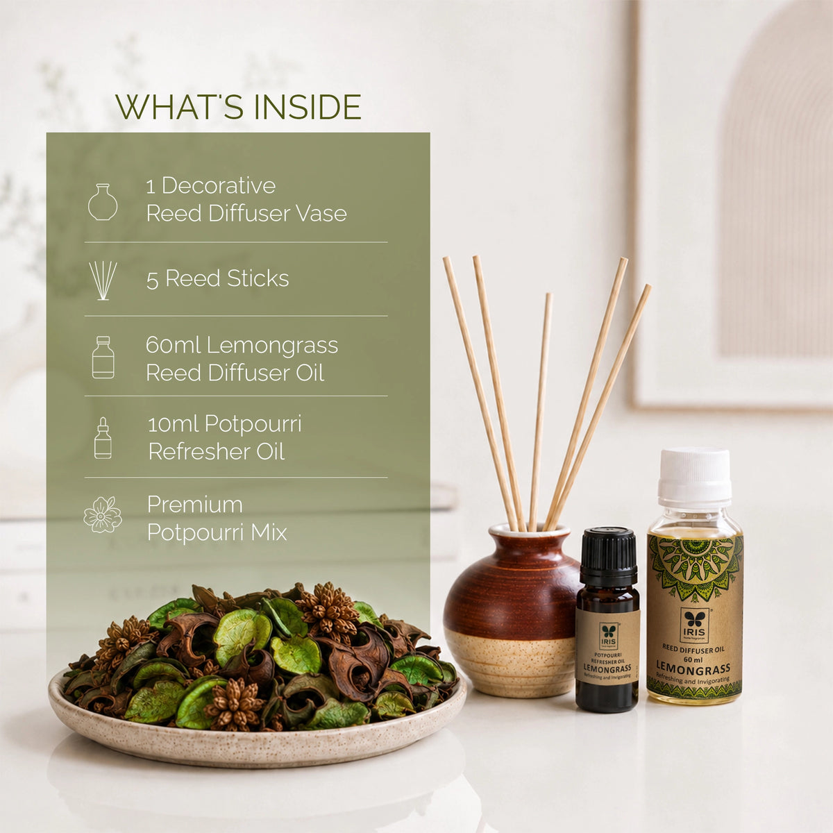 Lemongrass Fragrance Gift Set With Reed Diffuser & Potpourri for Home Decor