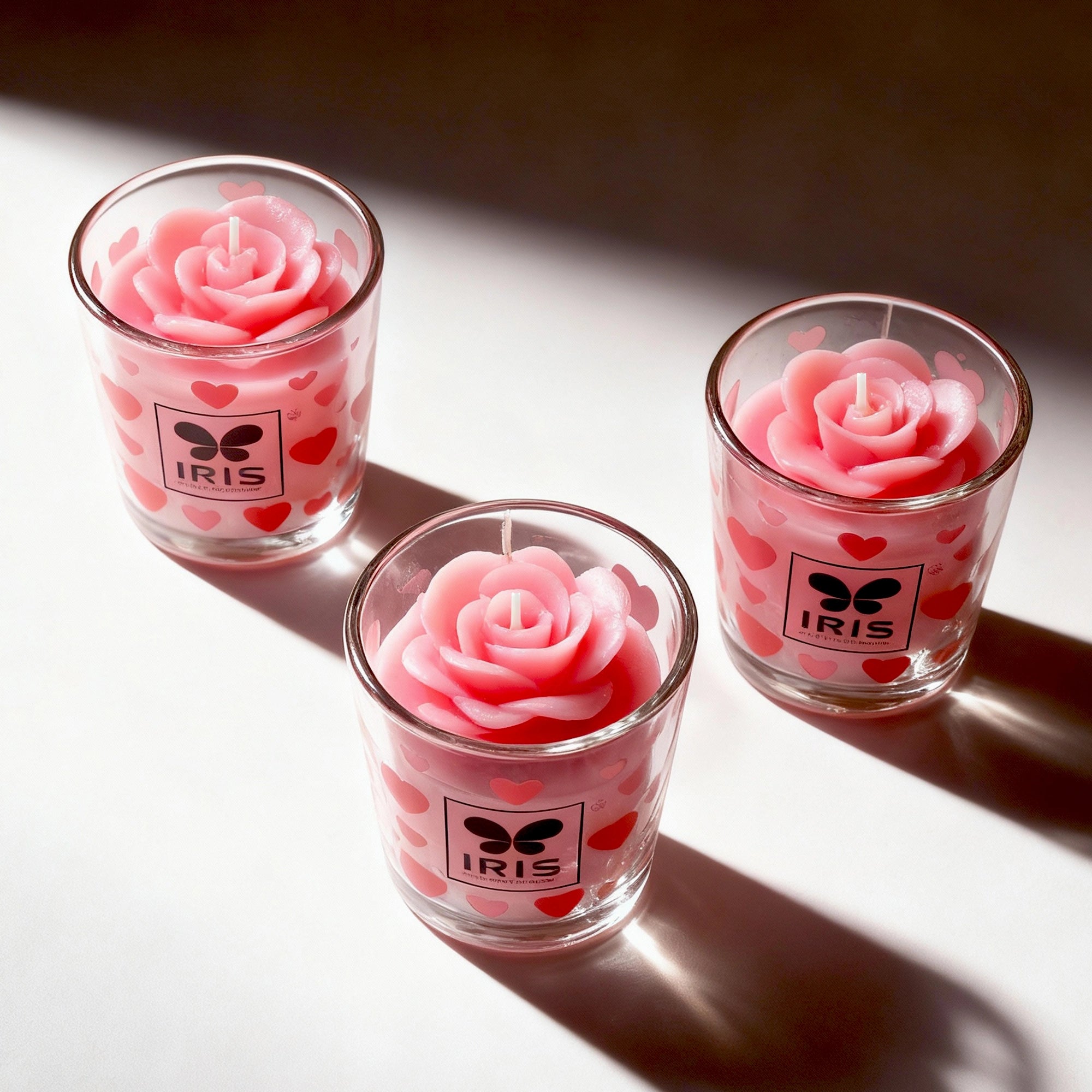 IRIS Blooming Hearts Shot Glass Candles | Burns 8 Hours Each| Pack of 3