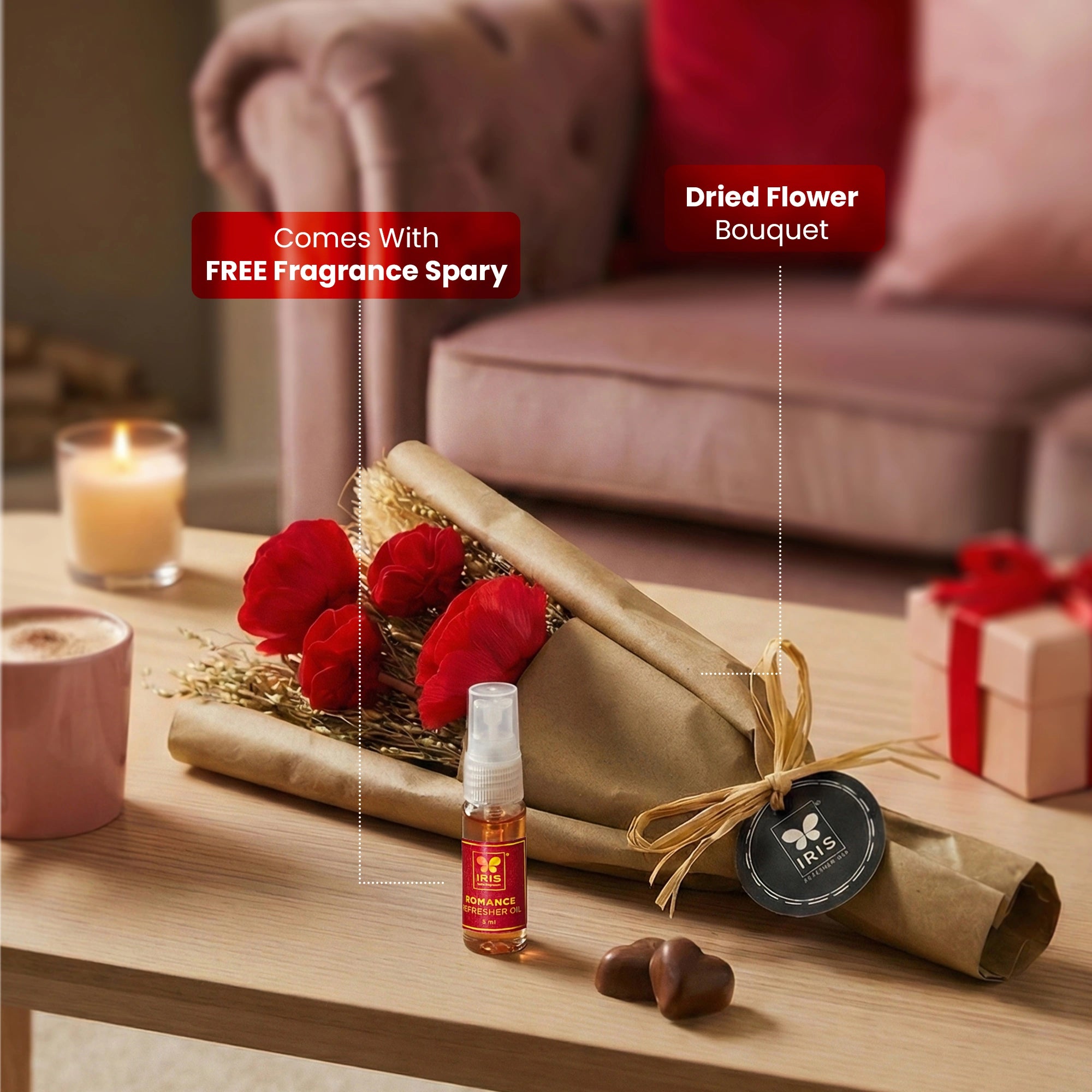 IRIS Everlasting Red Roses Scented Dry Flower Bouquet with 5ml Fragrance Spray