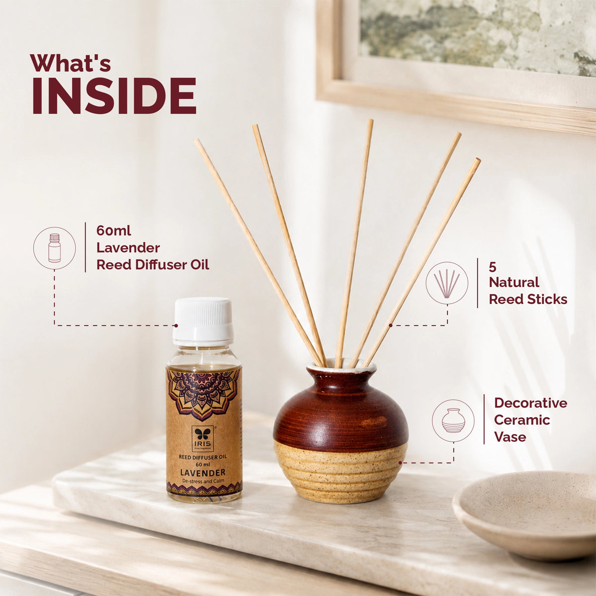 Lavender ceramic aroma reed diffuser in ethnic packaging with 60ml fragrance oil