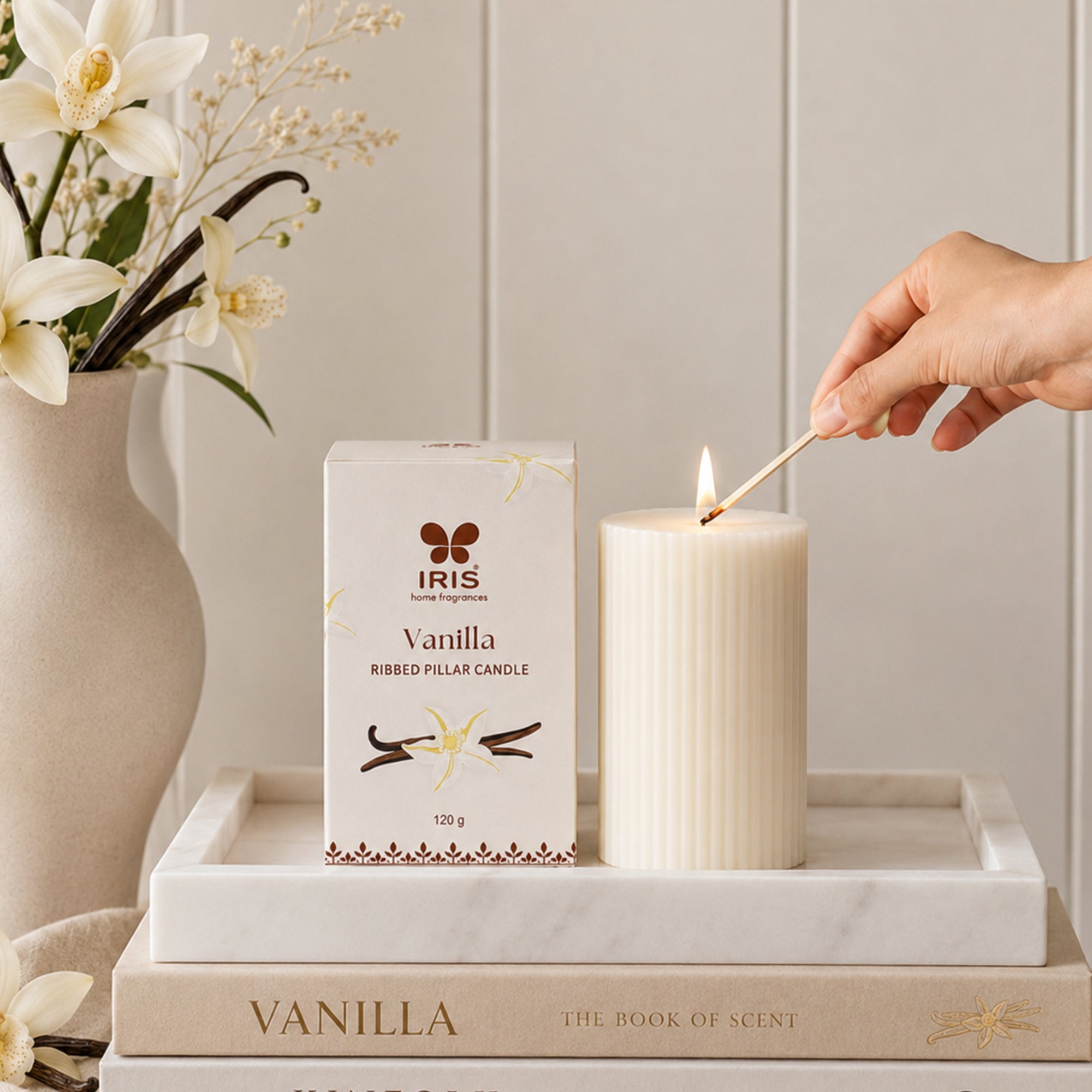 IRIS Vanilla Scented Ribbed Pillar Candle