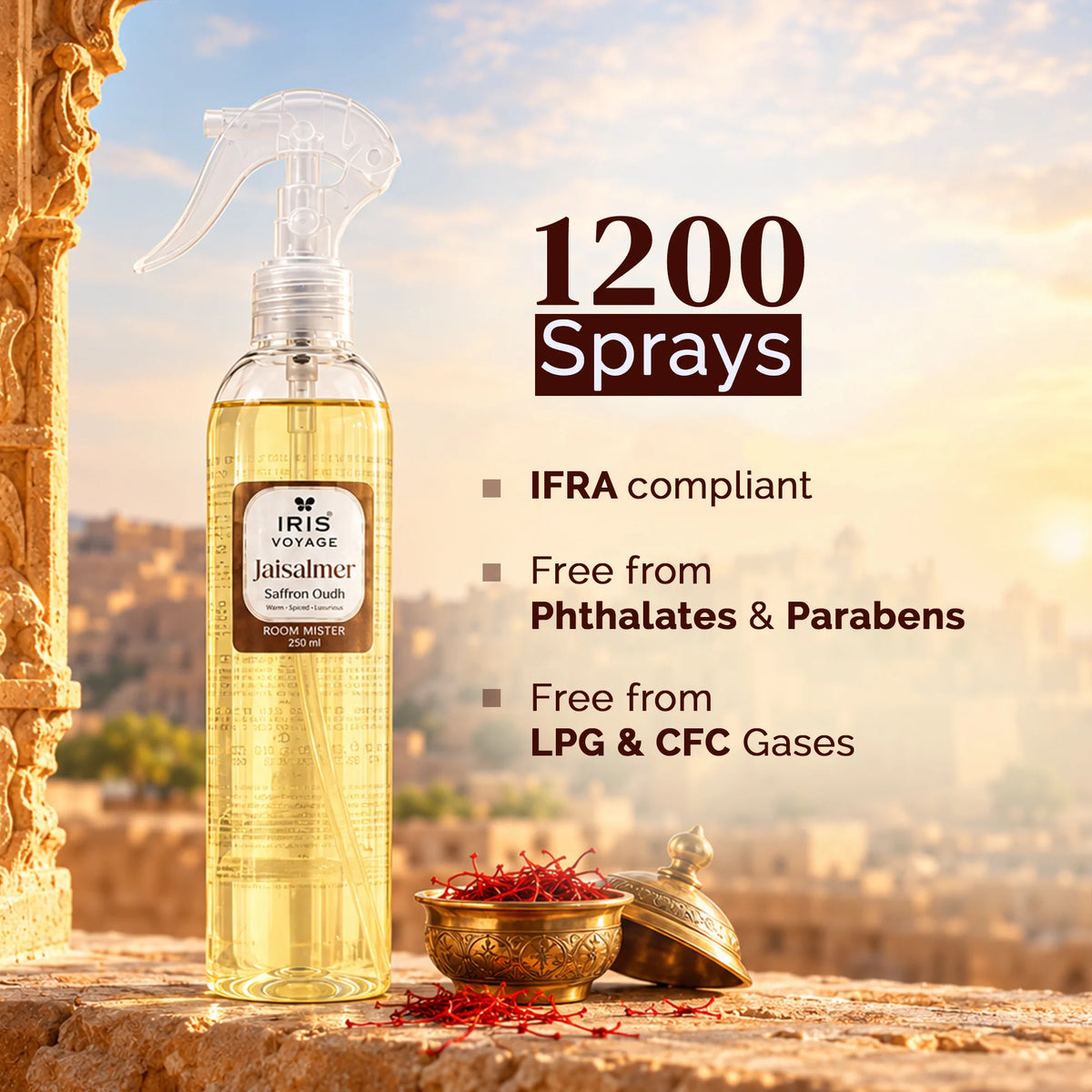 IRIS Voyage Jaisalmer | Saffron Oudh Fragrance Room Mister 250 ml Upto 1200 Sprays