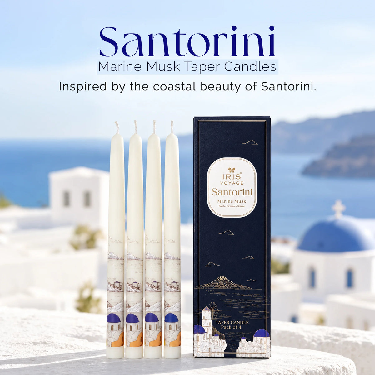 IRIS Voyage Santorini | Marine Musk Scented Taper Candles Pack of 4 | 8 Hrs Burn Time