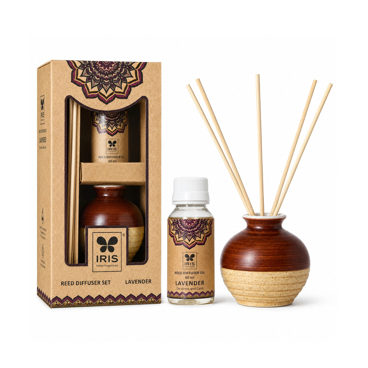 Lavender ceramic aroma reed diffuser in ethnic packaging with 60ml fragrance oil