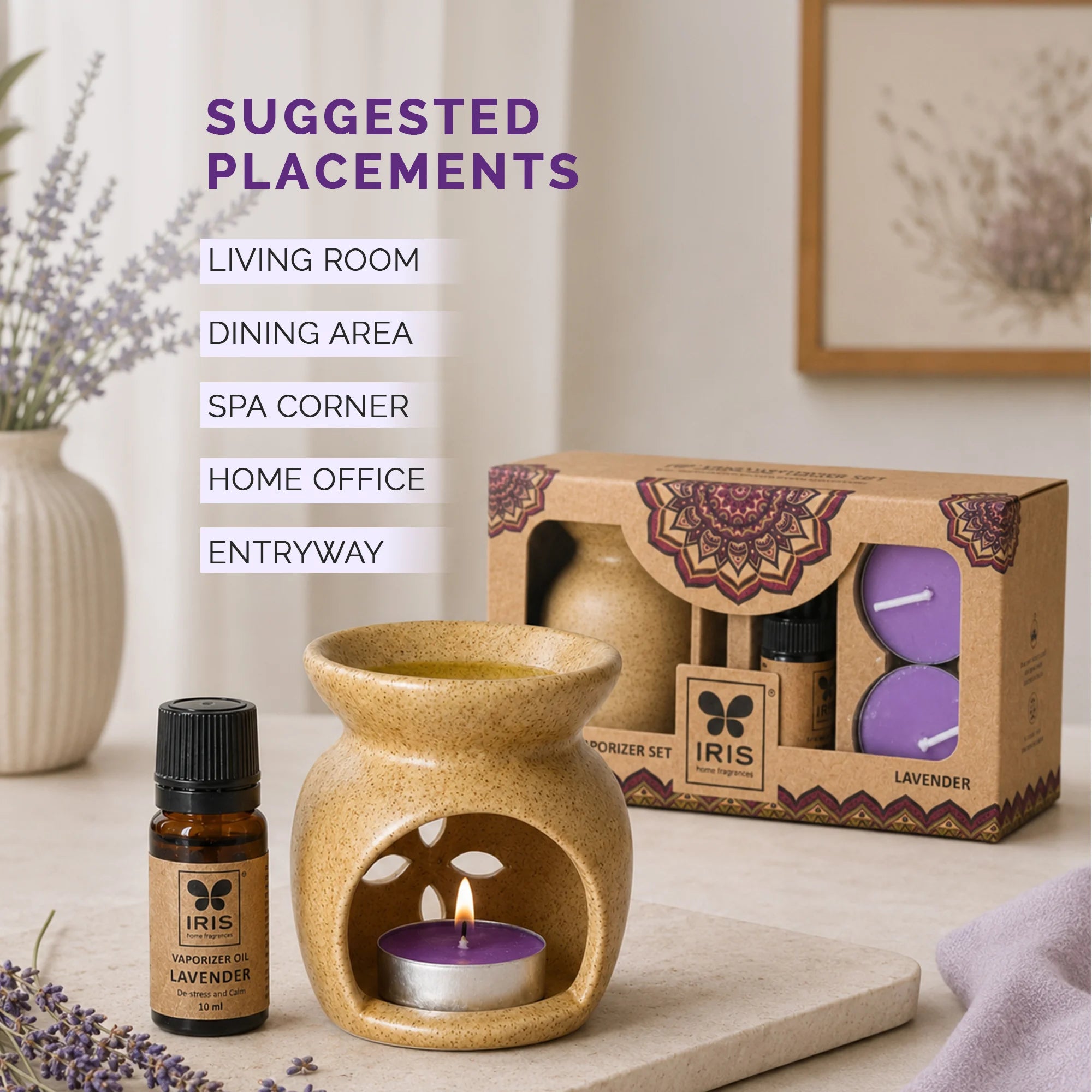 Lavender Aroma Diffuser Set | Ceramic Burner with Fragrance Oil & Tealights