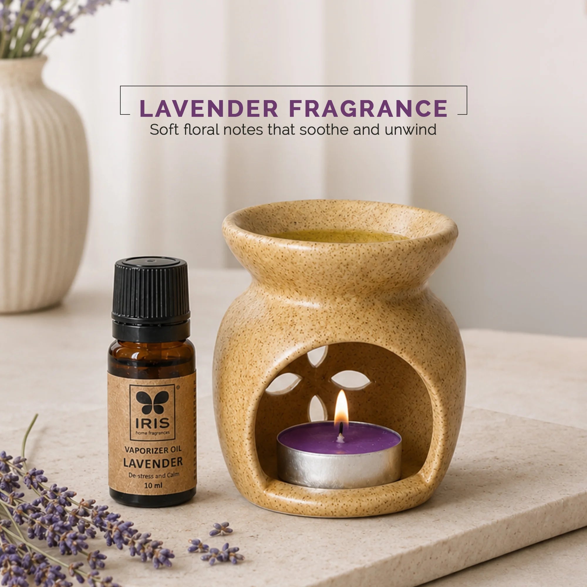 Lavender Aroma Diffuser Set | Ceramic Burner with Fragrance Oil & Tealights