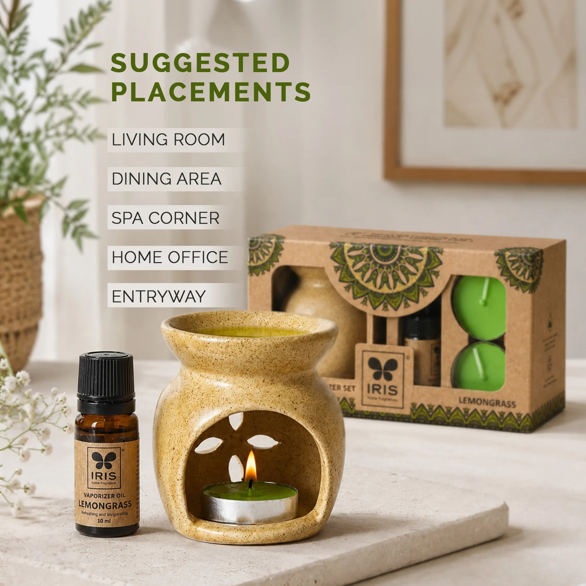 Lemongrass Aroma Diffuser Set | Ceramic Burner with Fragrance Oil & Tealights
