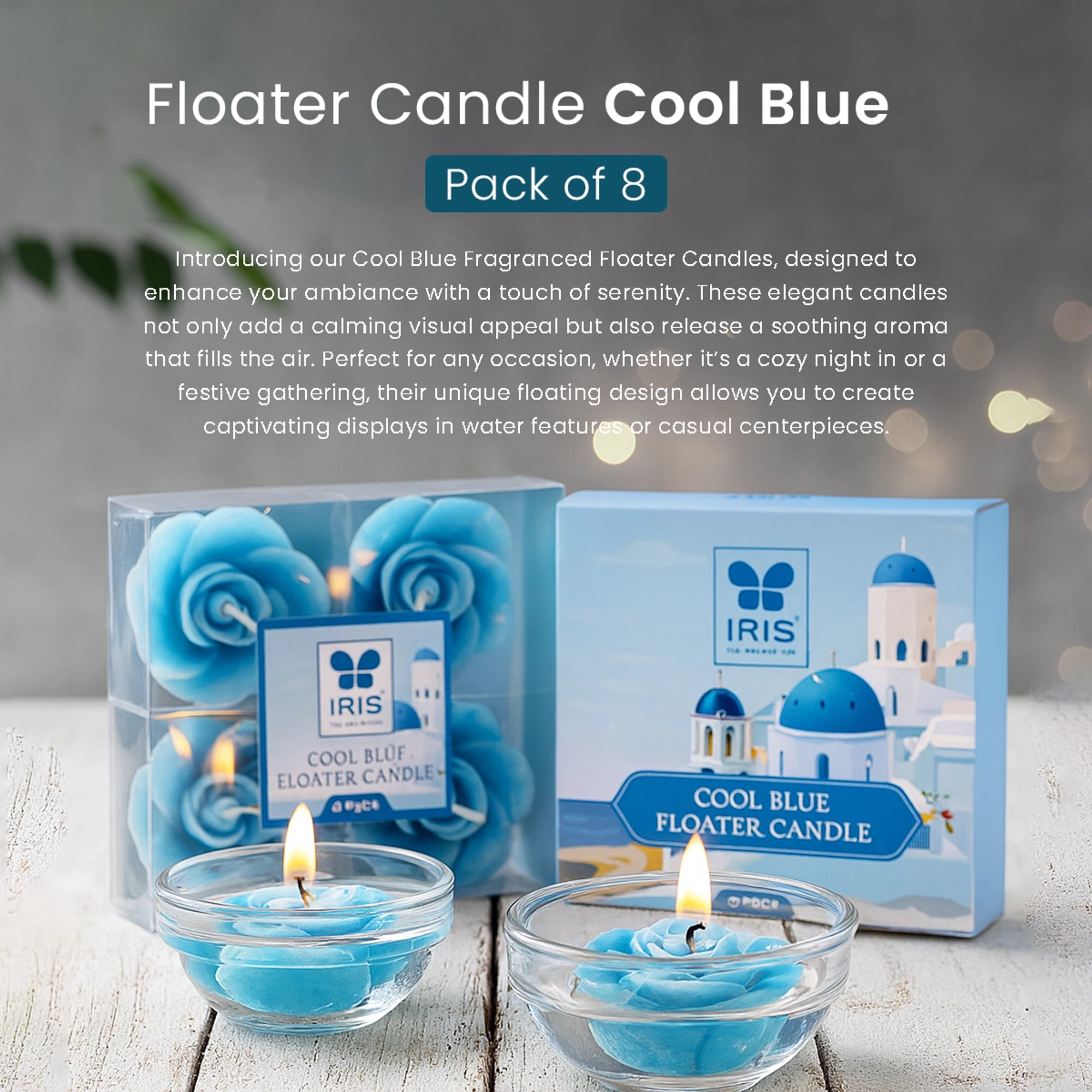 IRIS Cool Blue Floater Candle Pack of 8