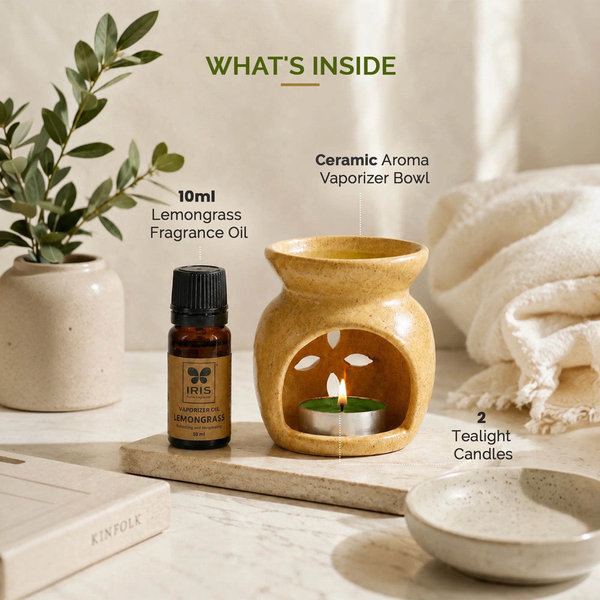 Lemongrass Aroma Diffuser Set | Ceramic Burner with Fragrance Oil & Tealights