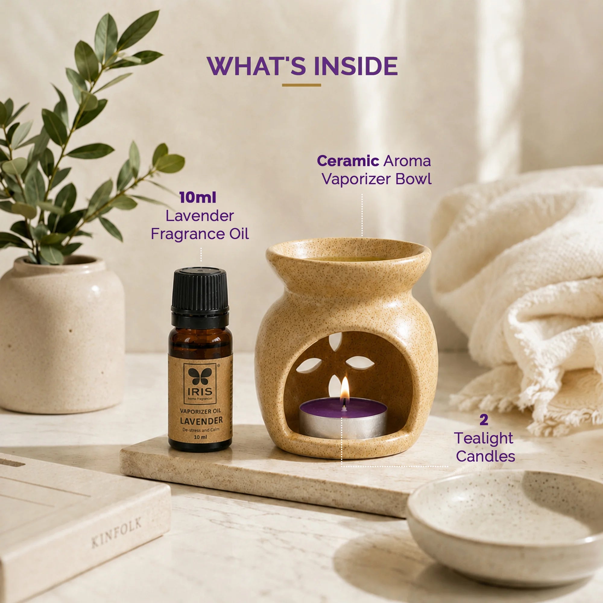 Lavender Aroma Diffuser Set | Ceramic Burner with Fragrance Oil & Tealights