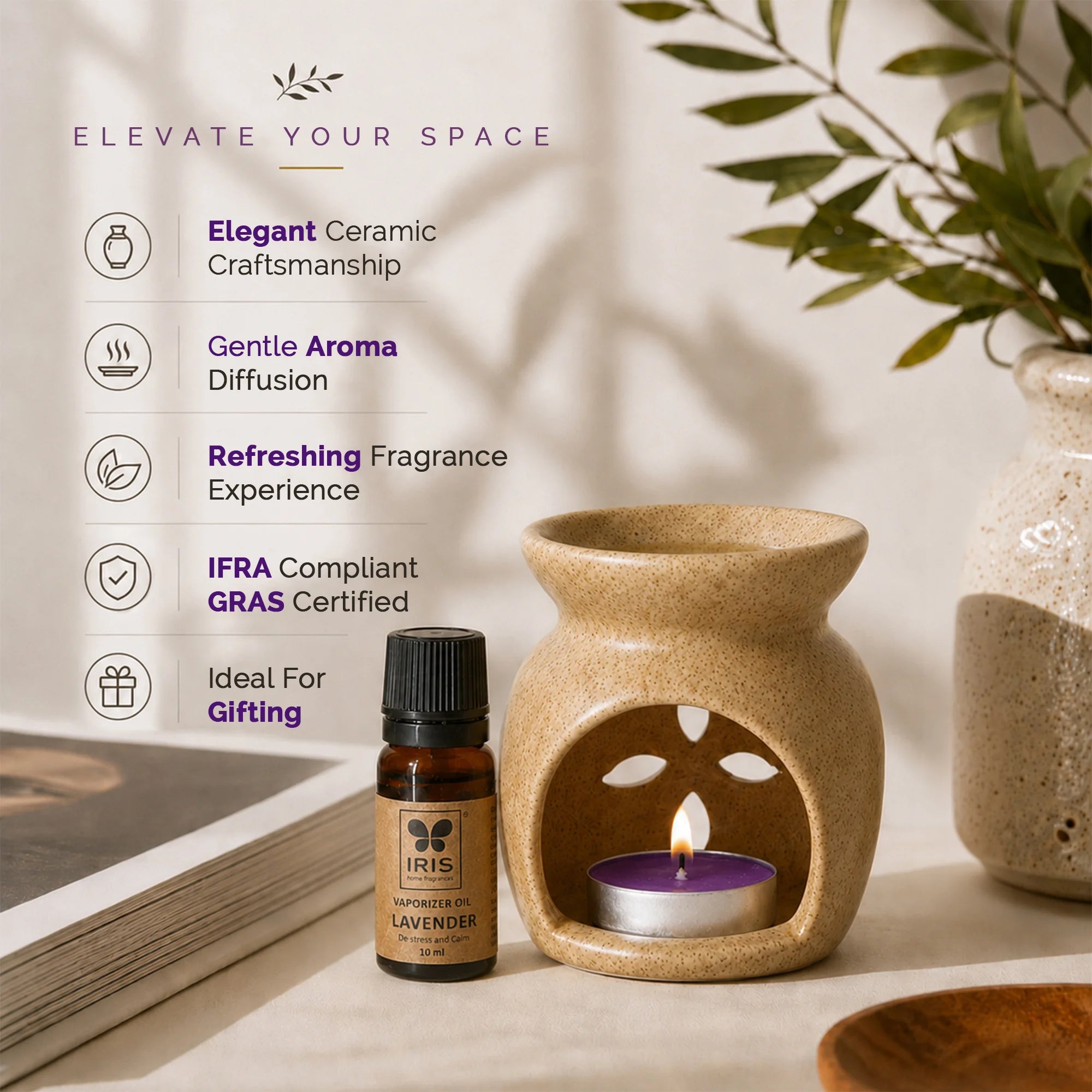 Lavender Aroma Diffuser Set | Ceramic Burner with Fragrance Oil & Tealights