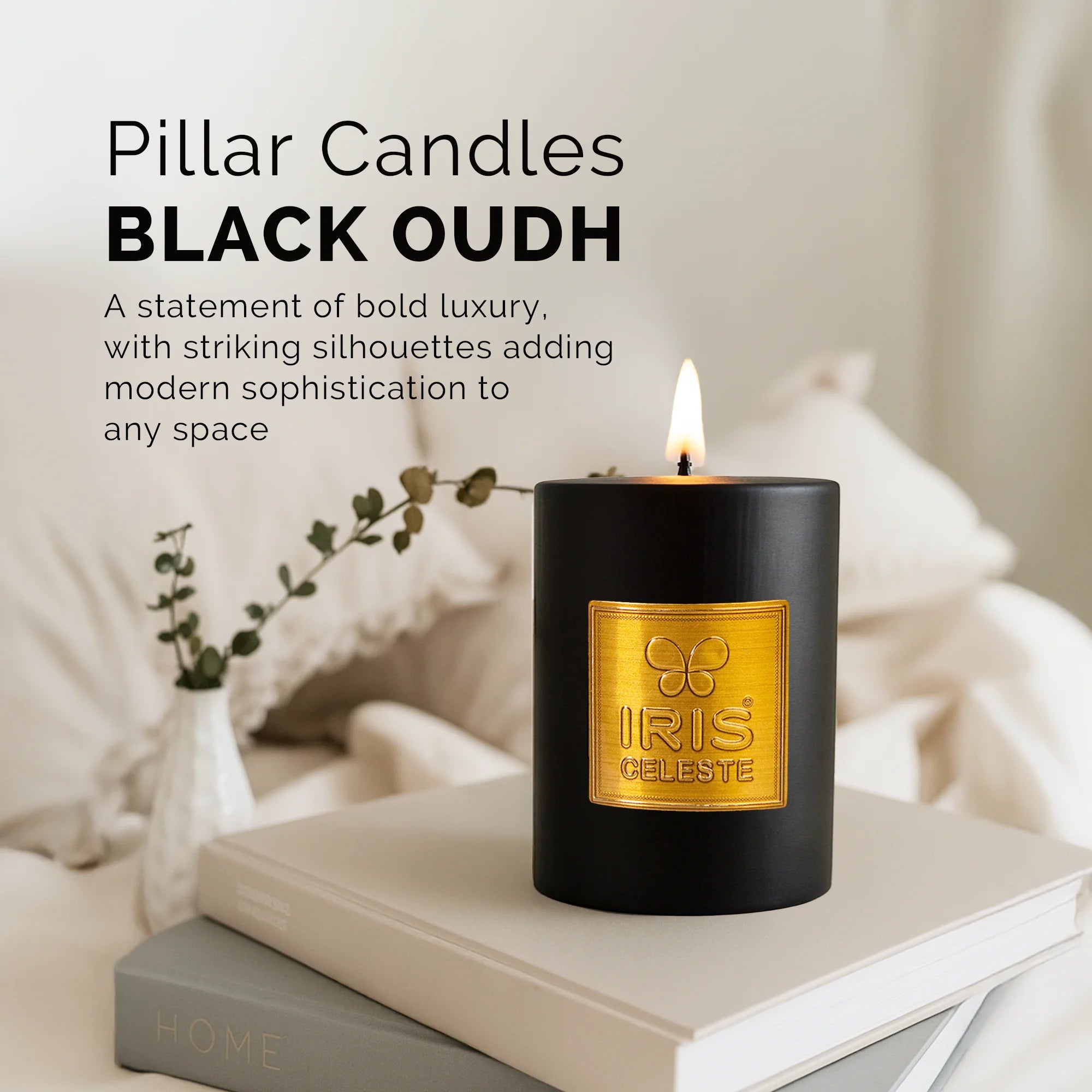IRIS Celeste Black Oudh Scented Premium Pillar Candle | Small