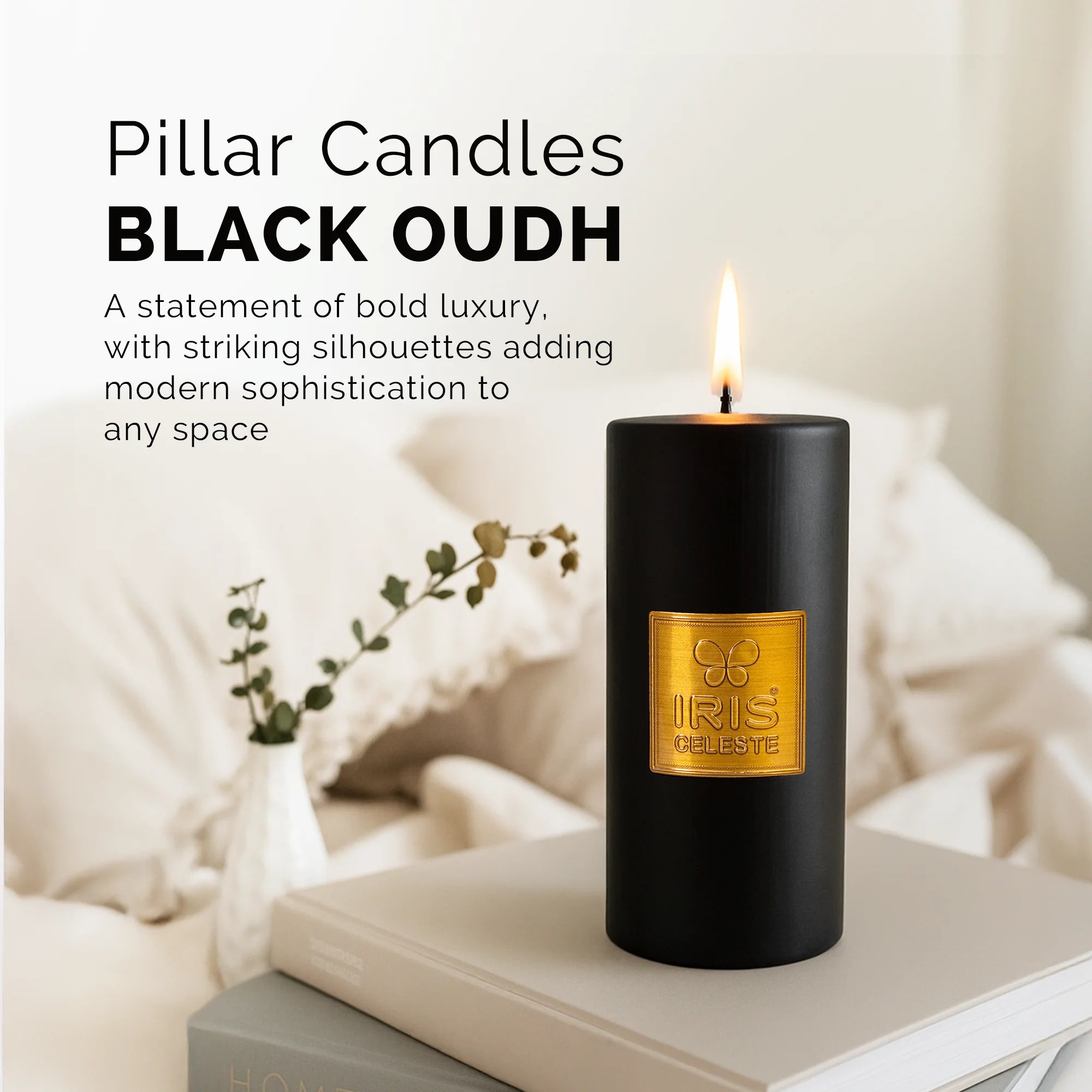IRIS Celeste Black Oudh Scented Premium Pillar Candle | Large