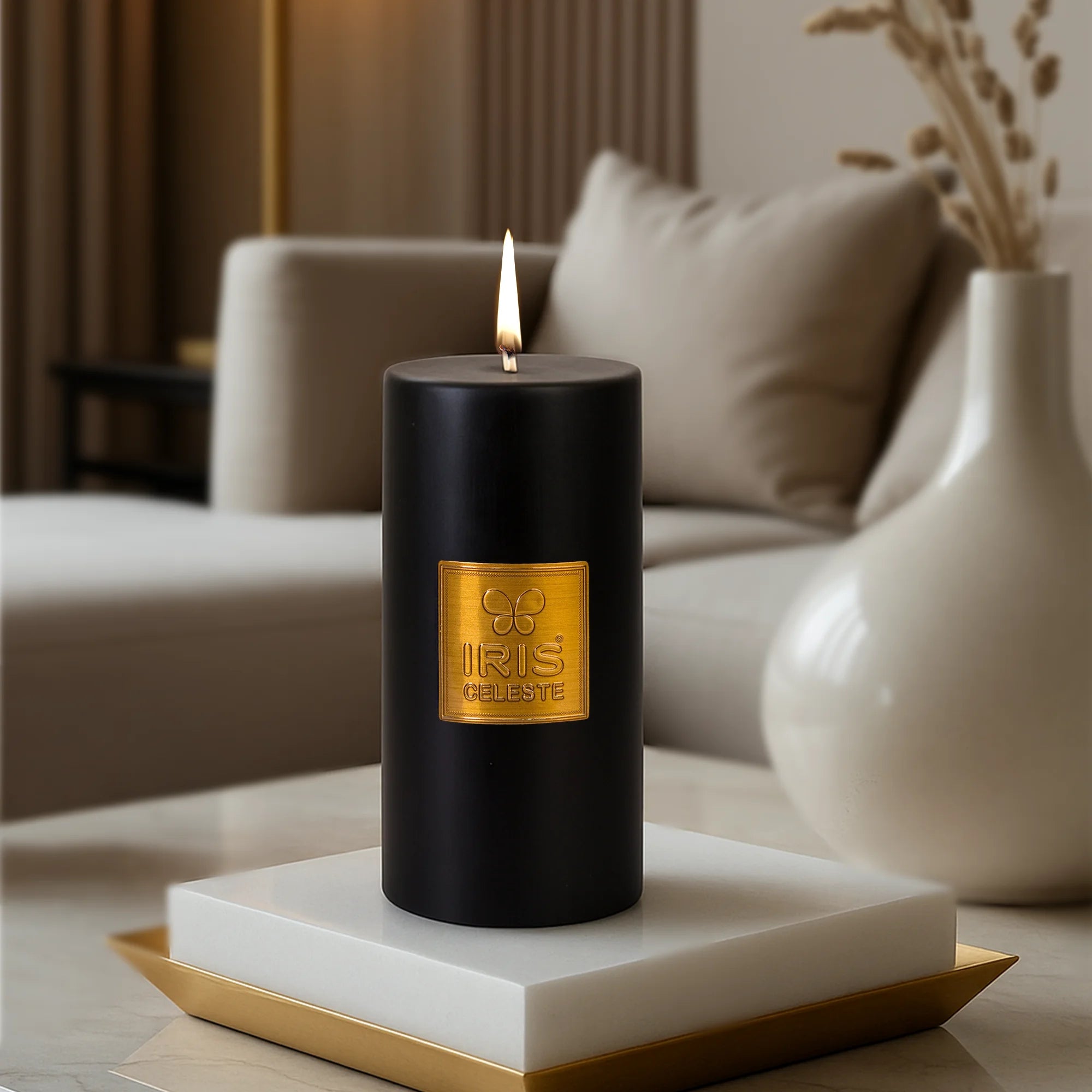 IRIS Celeste Black Oudh Scented Premium Pillar Candle | Large