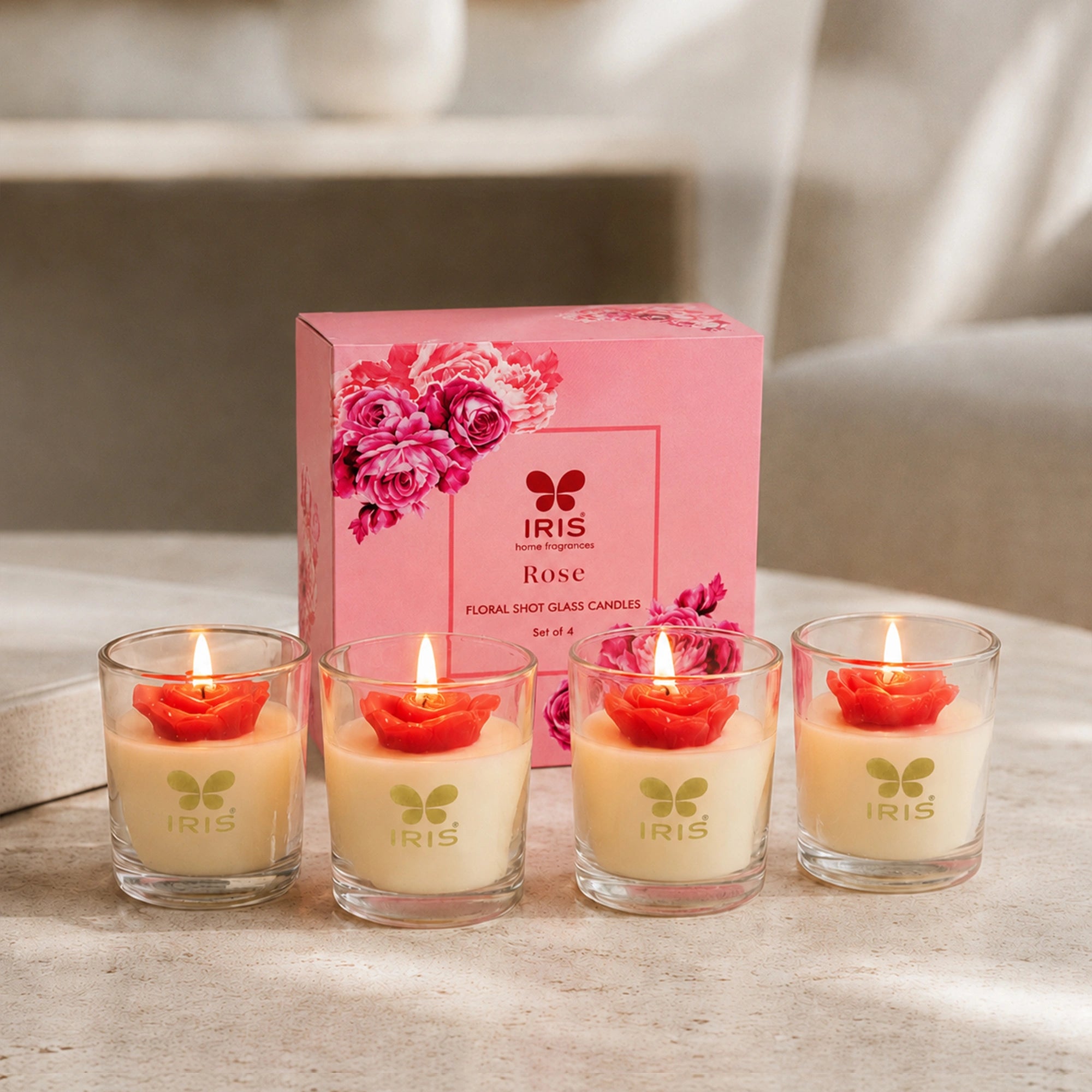 Floral Shot Glass Scented Candle Set |Timelss Rose Fragrance | Pack of 4