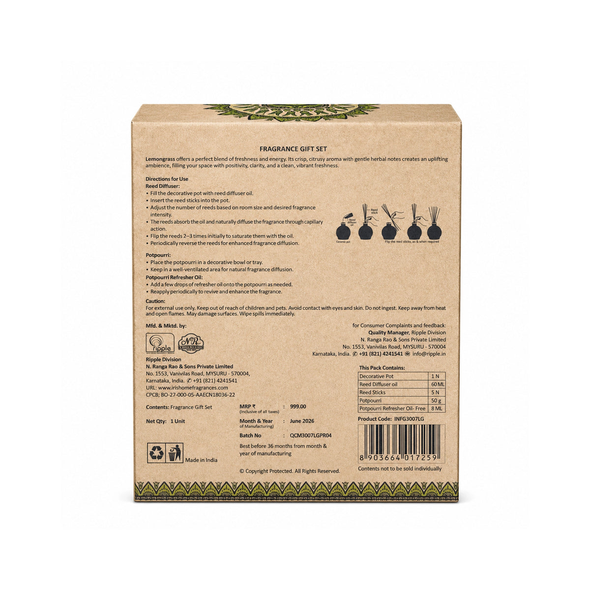 Lemongrass Fragrance Gift Set With Reed Diffuser & Potpourri for Home Decor