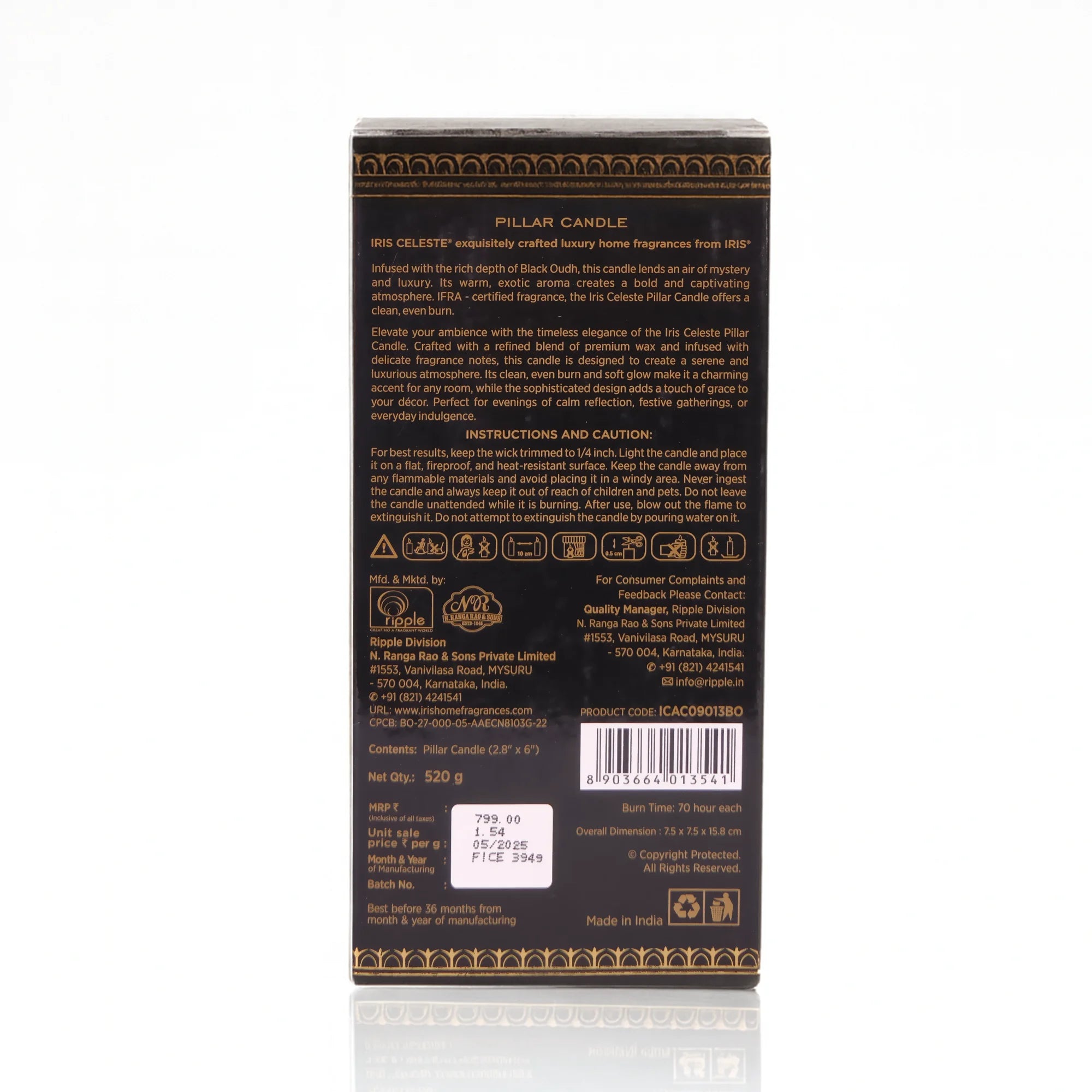 IRIS Celeste Black Oudh Scented Premium Pillar Candle | Large