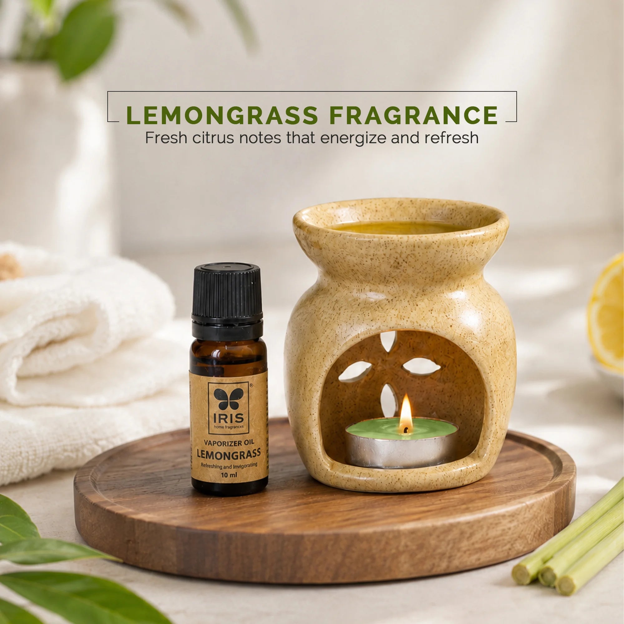 Lemongrass Aroma Diffuser Set | Ceramic Burner with Fragrance Oil & Tealights