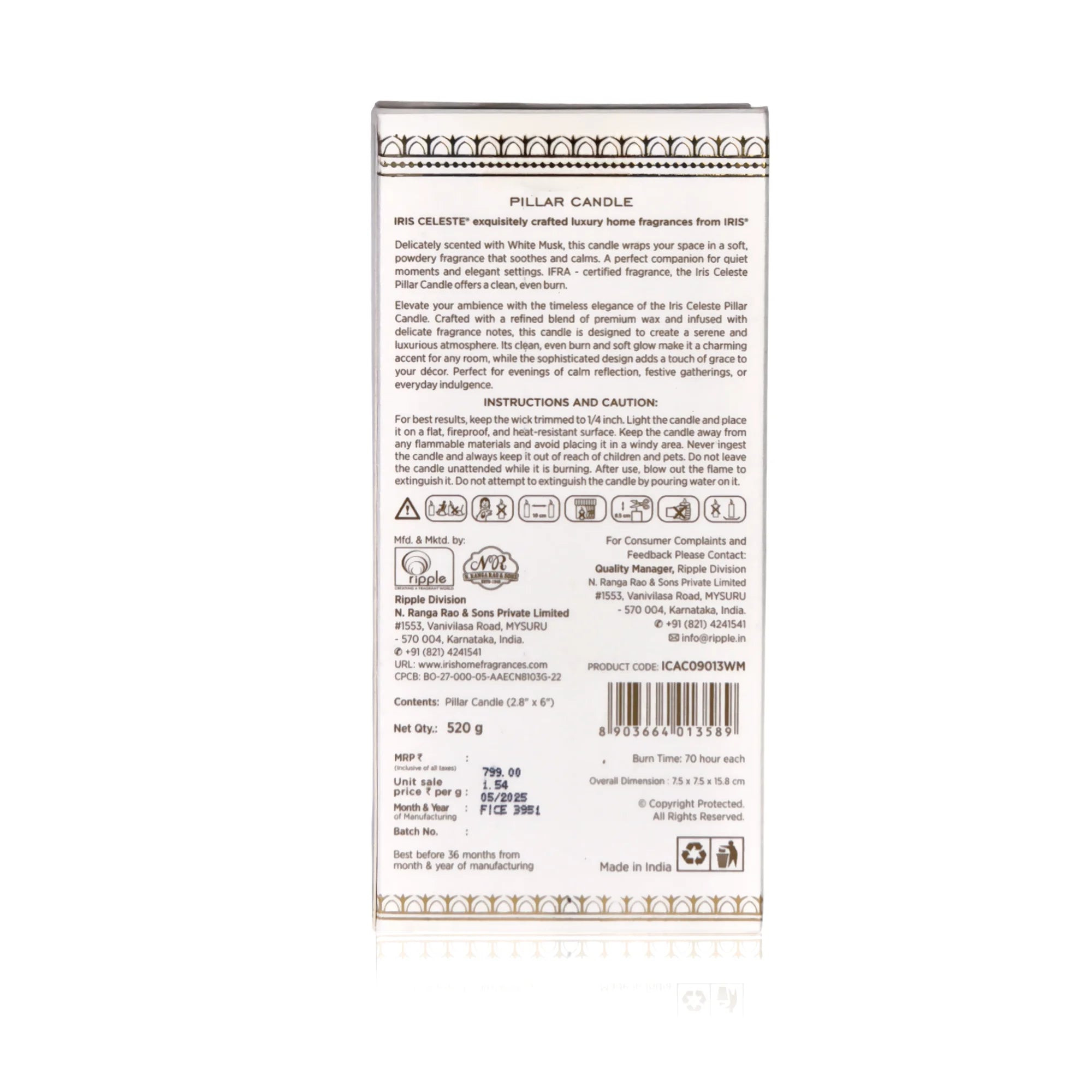 IRIS Celeste White Musk Scented Premium Pillar Candle | Large