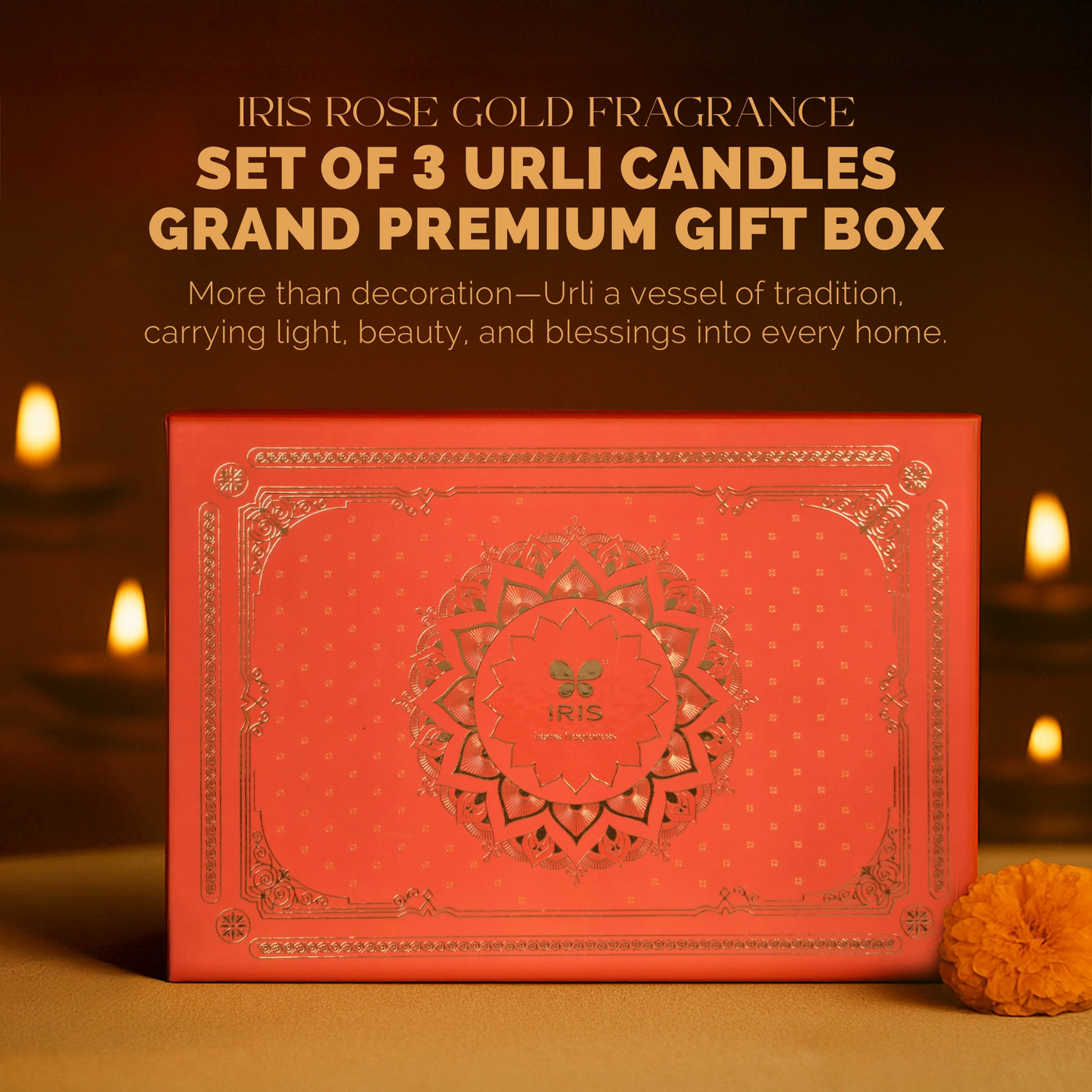 A set of three IRIS urli candles in festive presentation