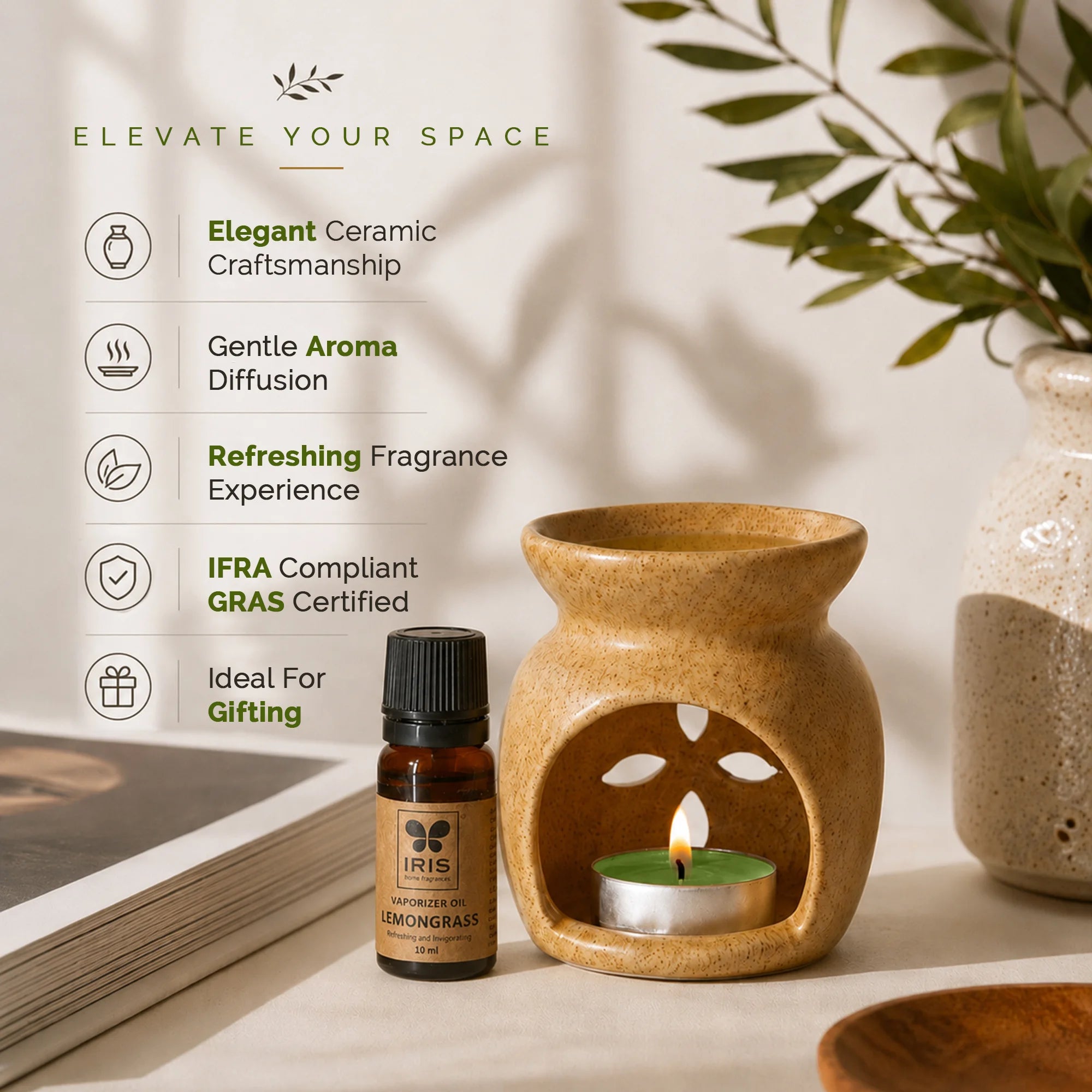 Lemongrass Aroma Diffuser Set | Ceramic Burner with Fragrance Oil & Tealights