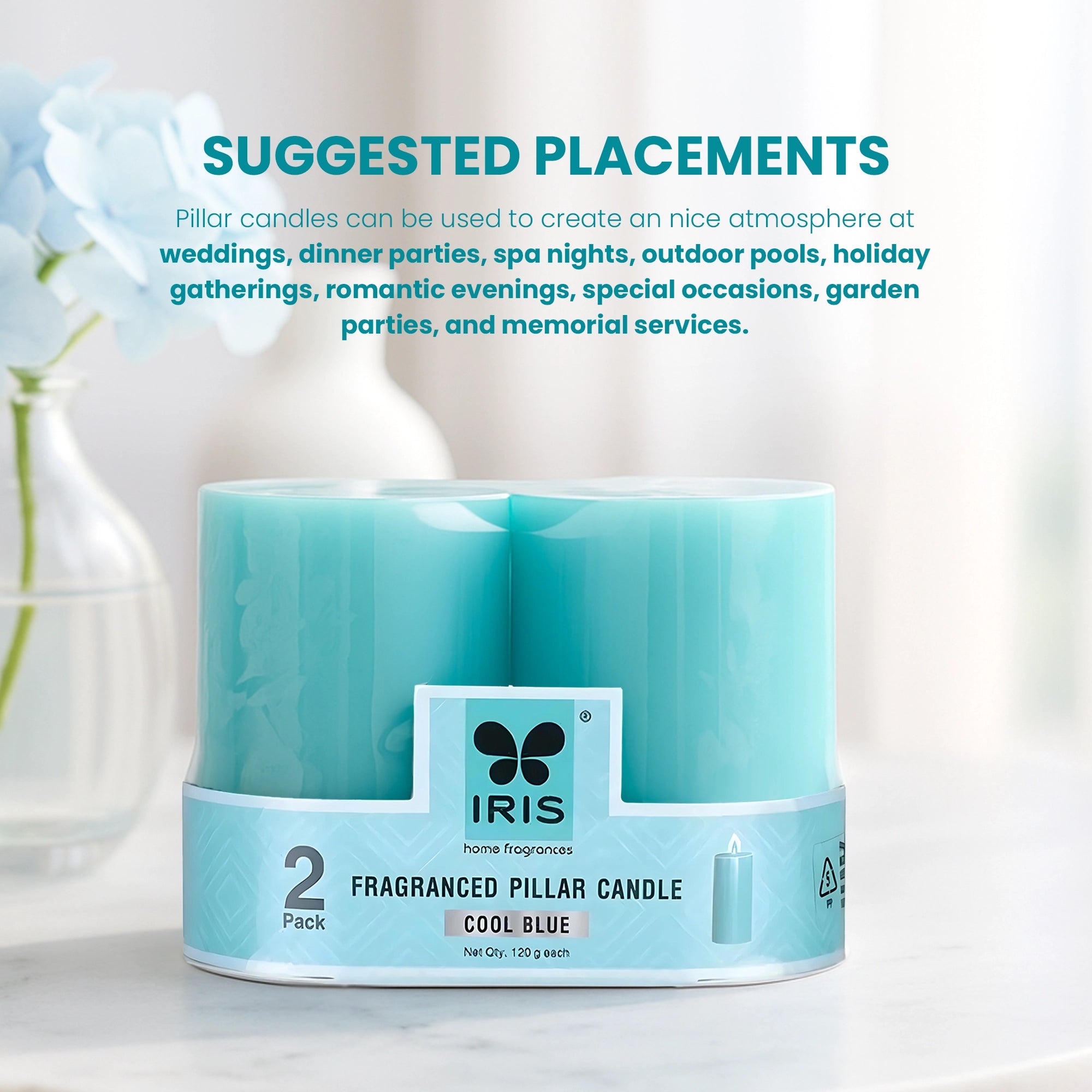 IRIS Cool Blue Fragranced Pillar Candles - Set of 2
