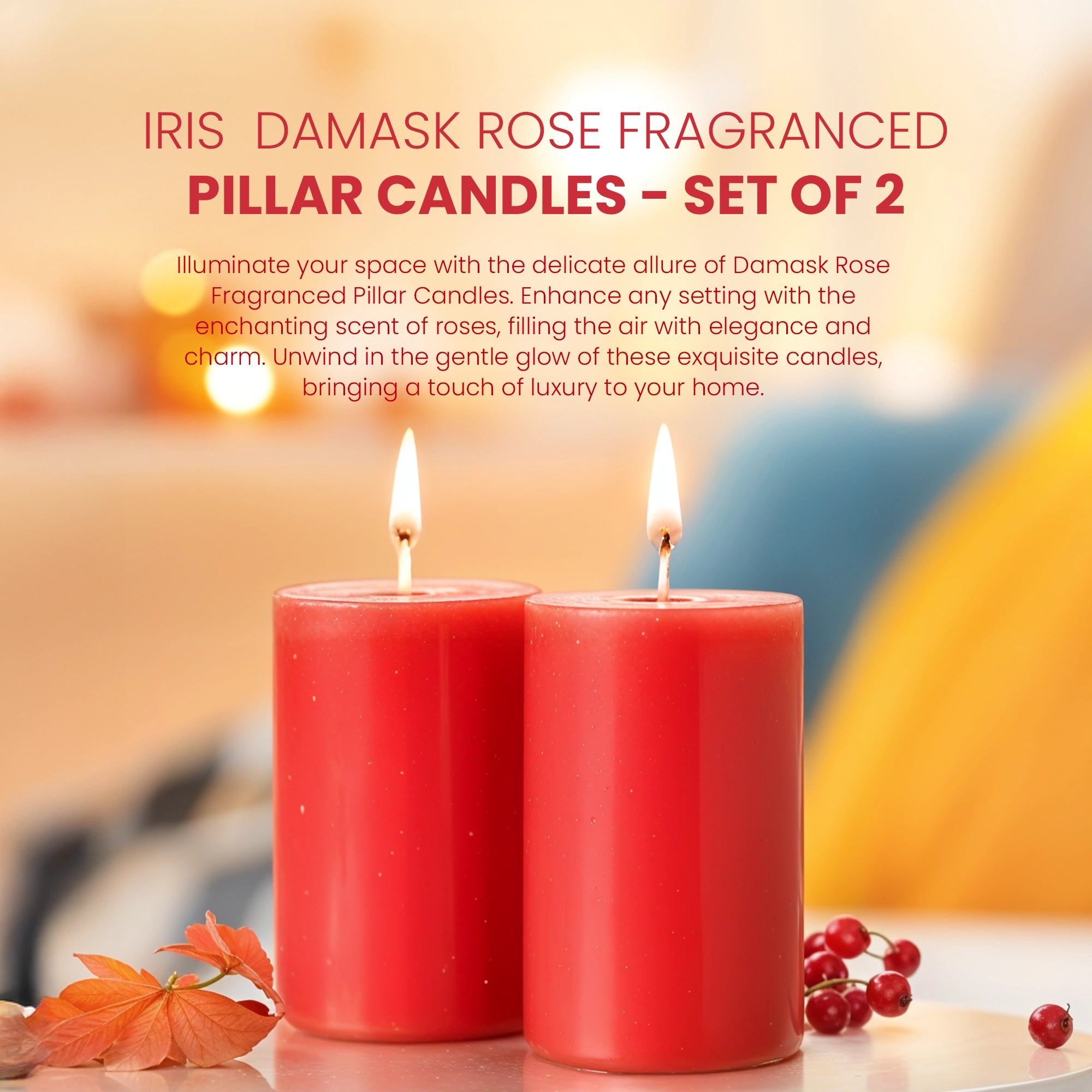IRIS Damask Rose Fragranced Pillar Candles - Set of 2