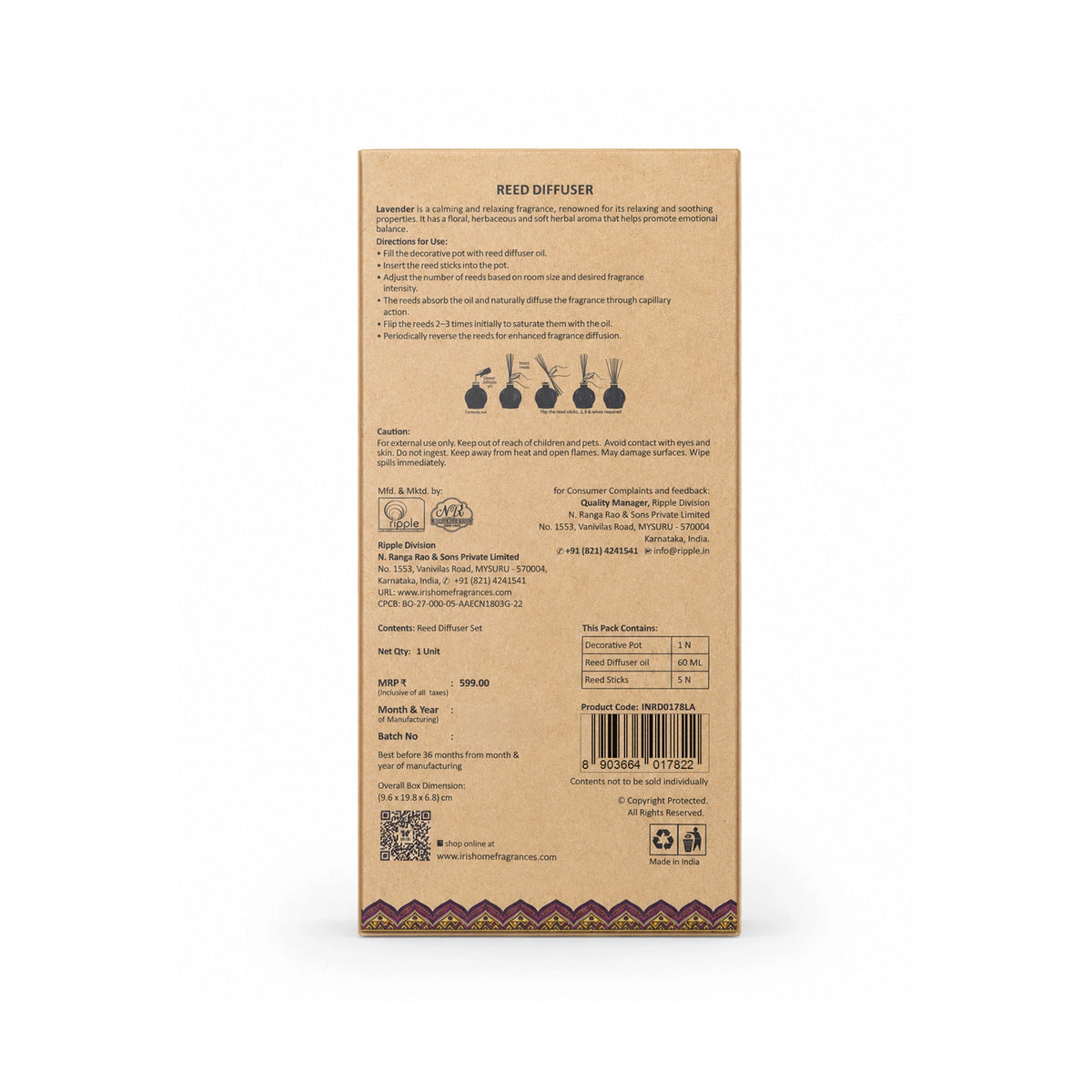Lavender ceramic aroma reed diffuser in ethnic packaging with 60ml fragrance oil